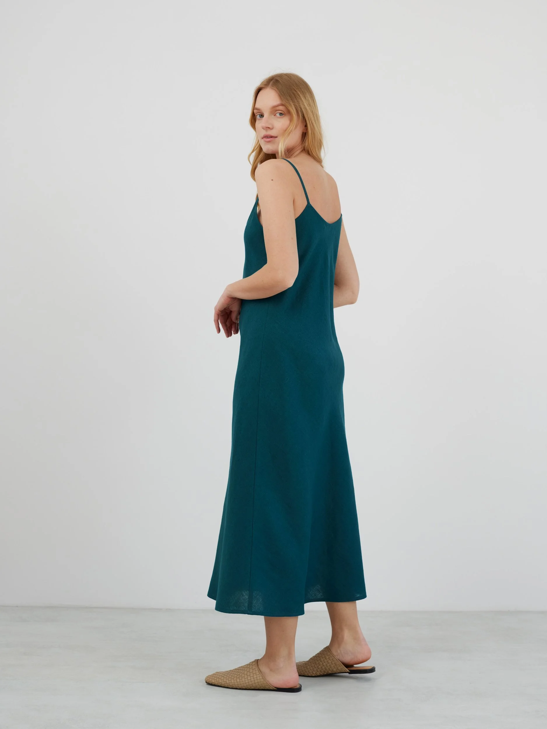 Image 6 of DIORA Linen Slip Dress in Emerald Blue from Love and Confuse