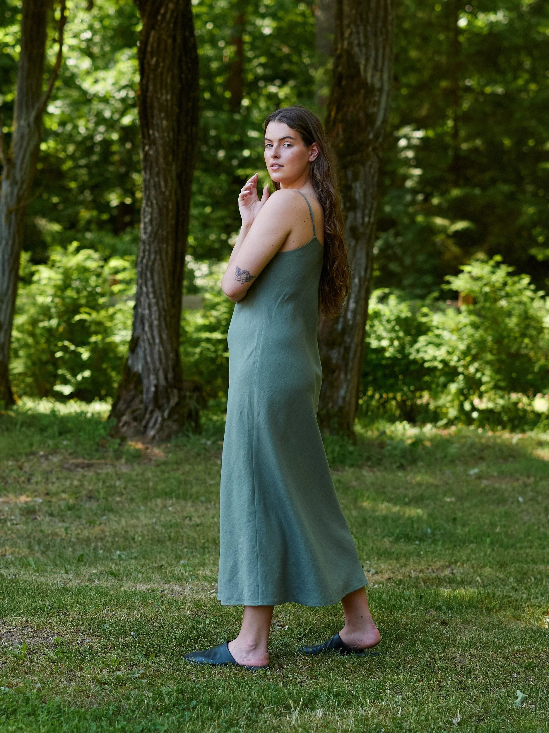 Image 4 of DIORA Linen Slip Dress in Sage Green from Love and Confuse