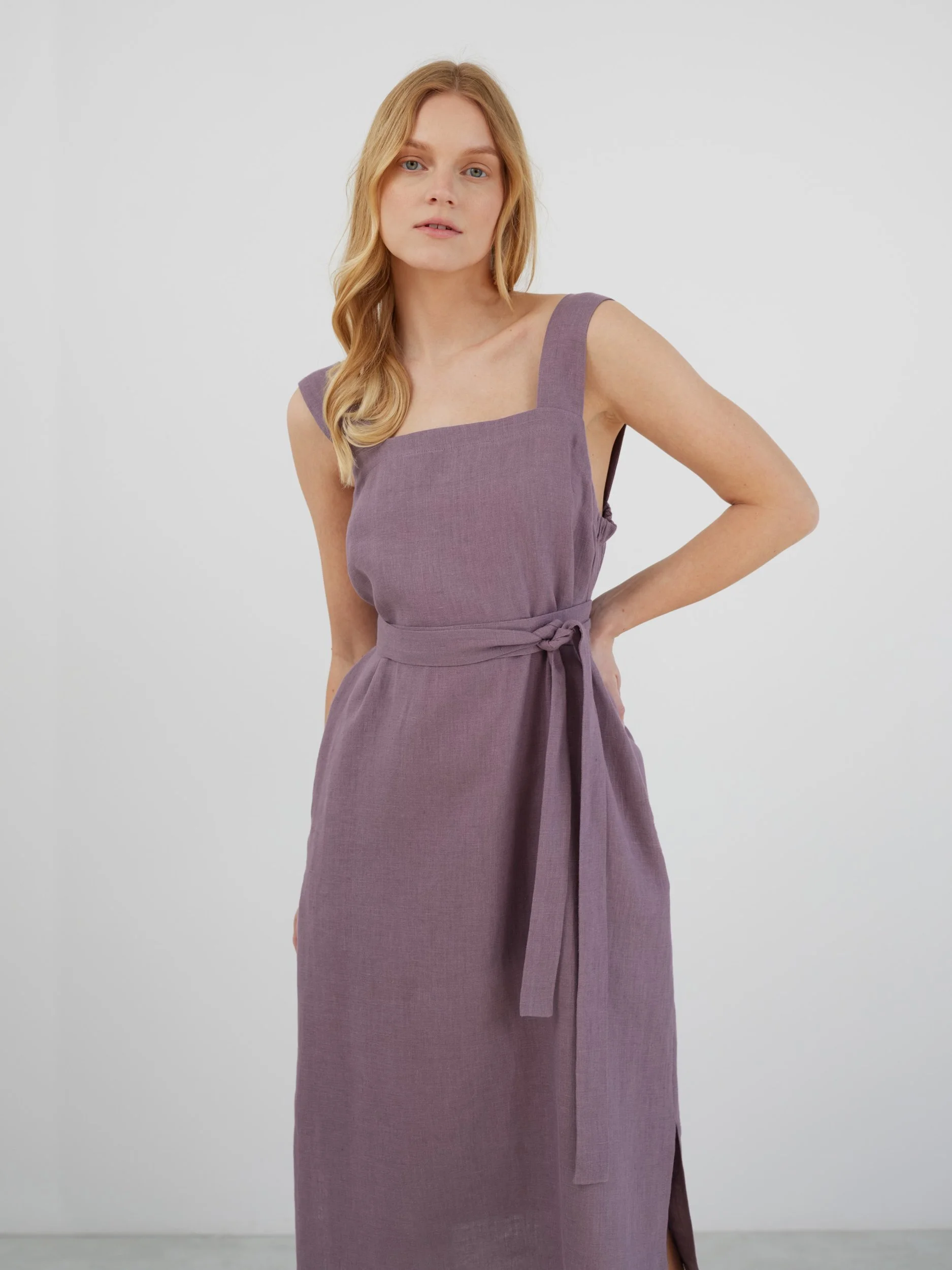 Image 1 of ELLIDY Wide Strap Linen Dress in Lavender Violet from Love and Confuse