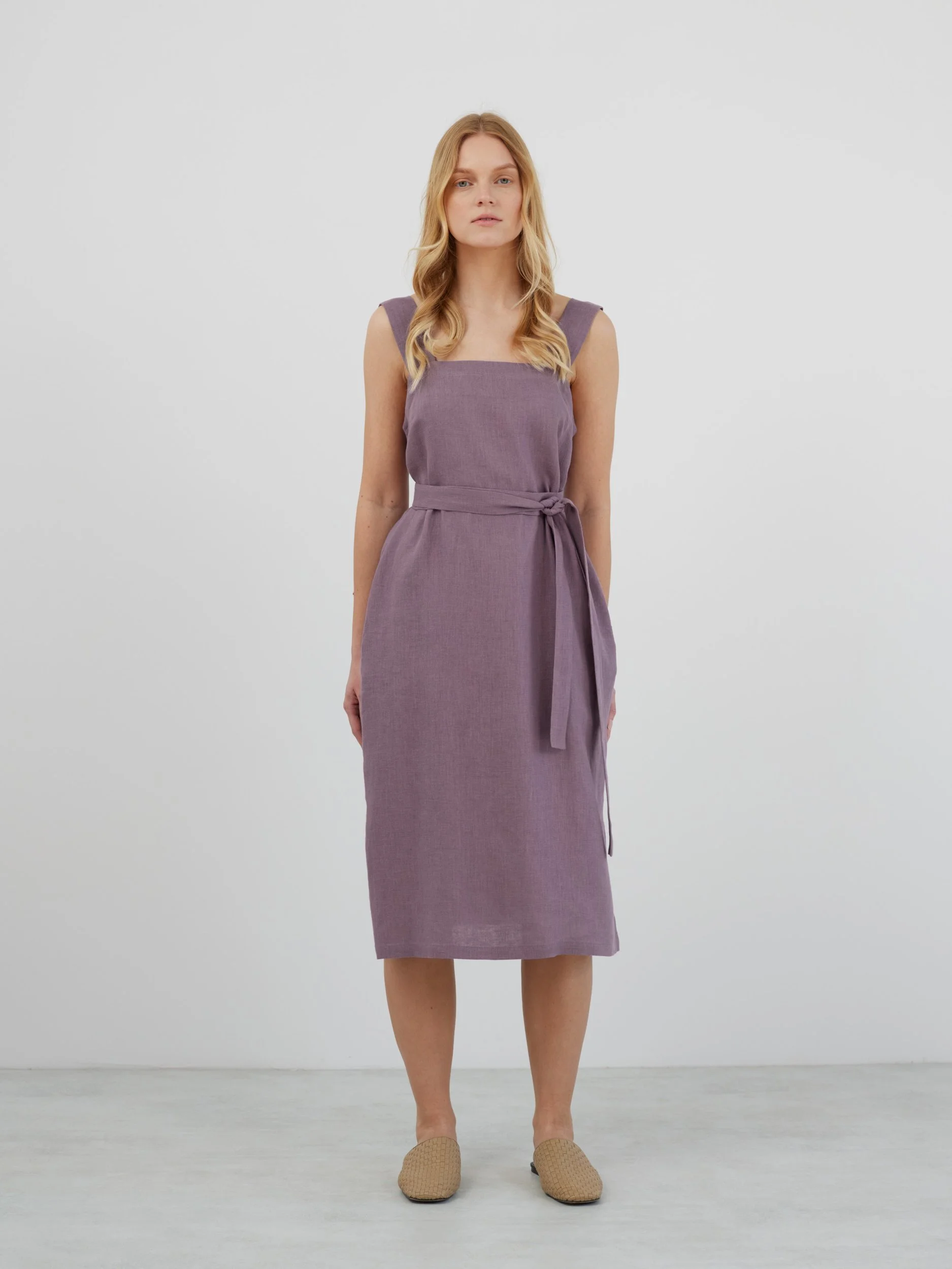 Image 2 of ELLIDY Wide Strap Linen Dress in Lavender Violet from Love and Confuse
