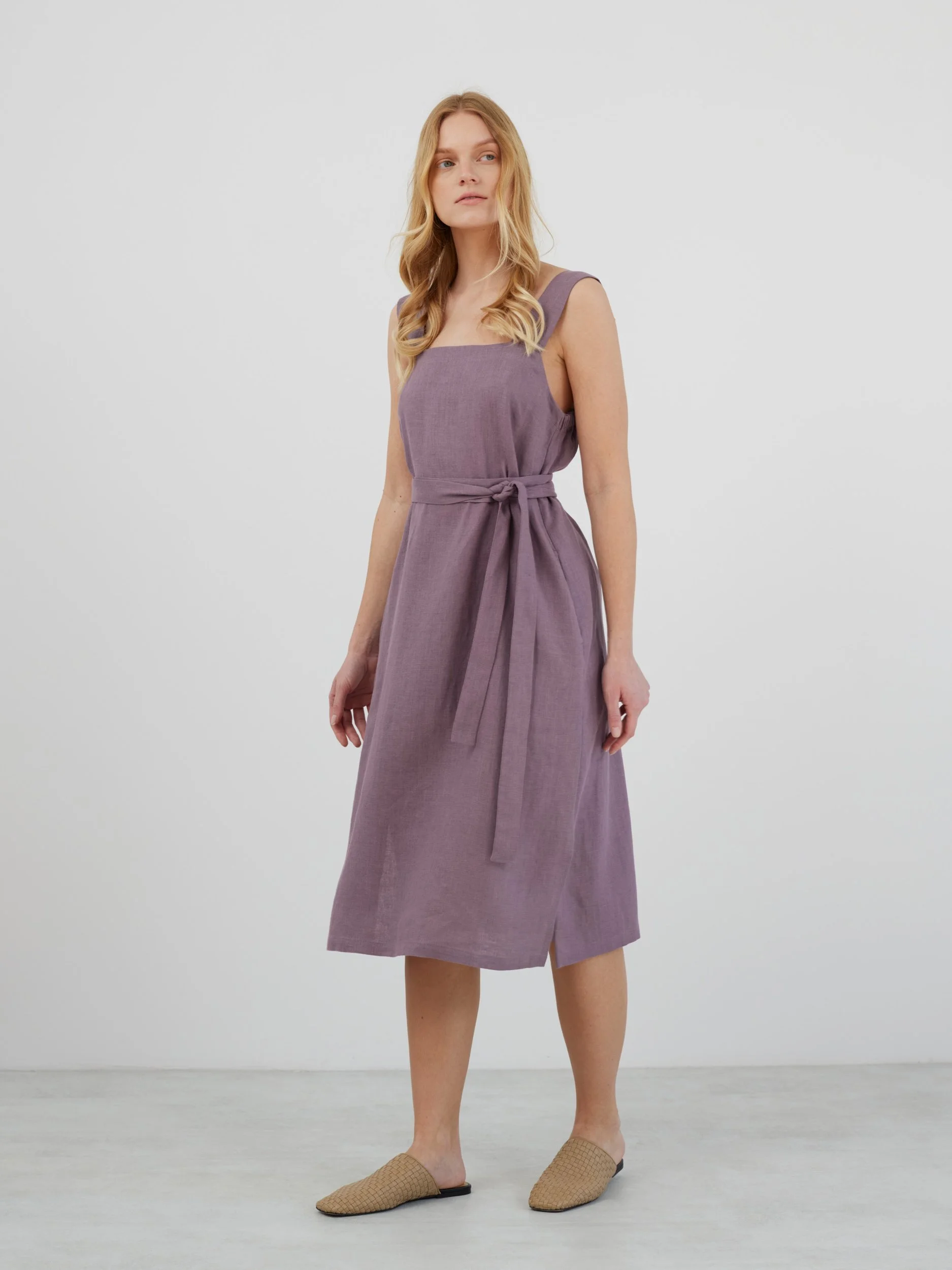 Image 4 of ELLIDY Wide Strap Linen Dress in Lavender Violet from Love and Confuse