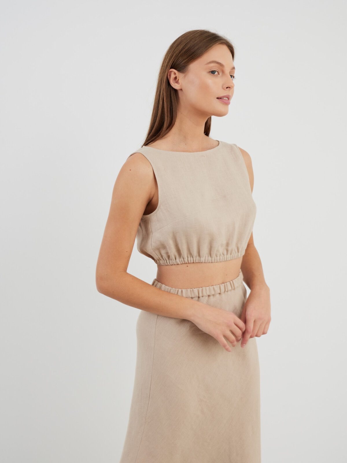 ETHNA pellava croptoppi Beige — takaa