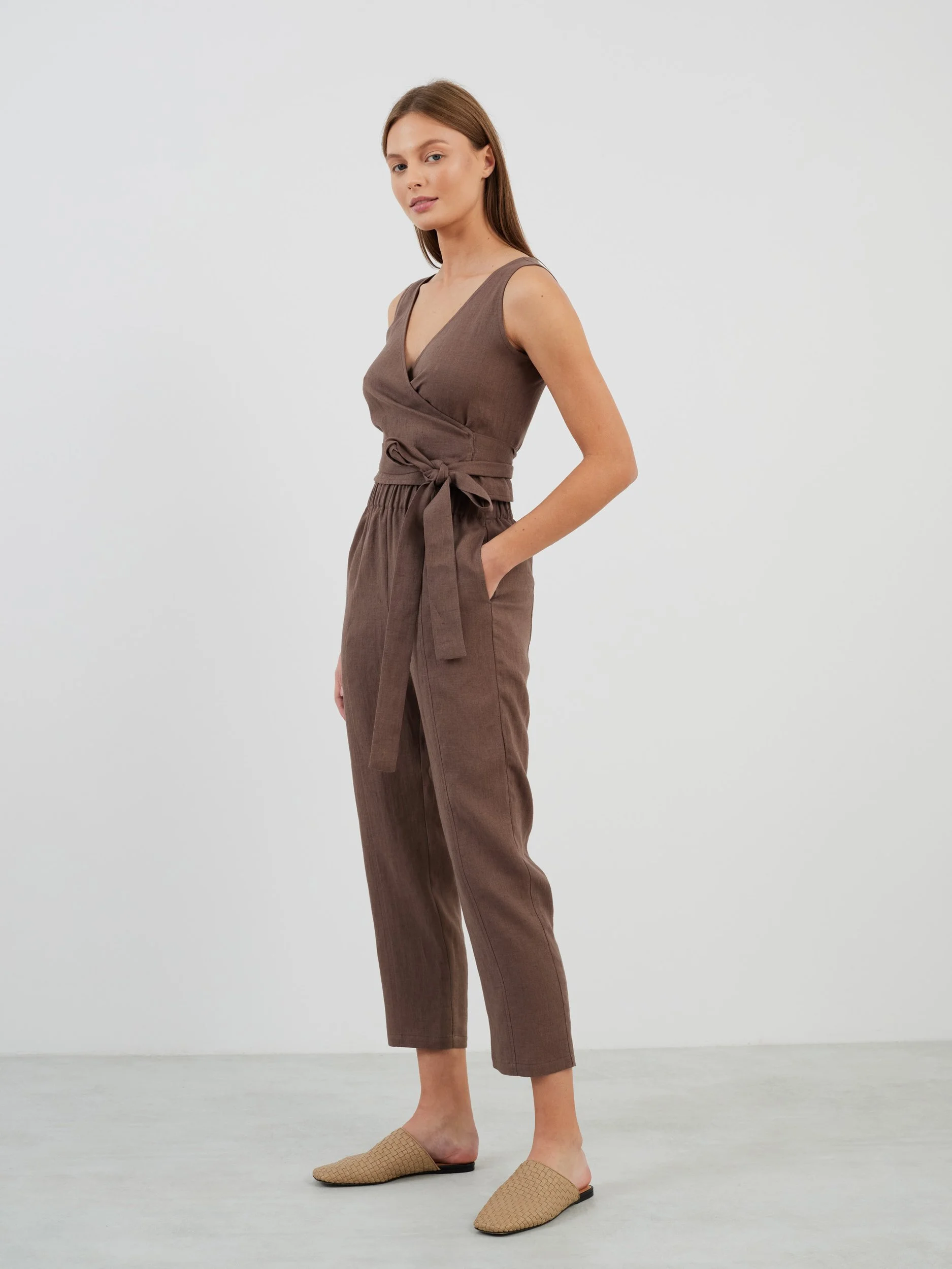Image 4 of EVA Sleeveless Linen Wrap Top in Cocoa from Love and Confuse