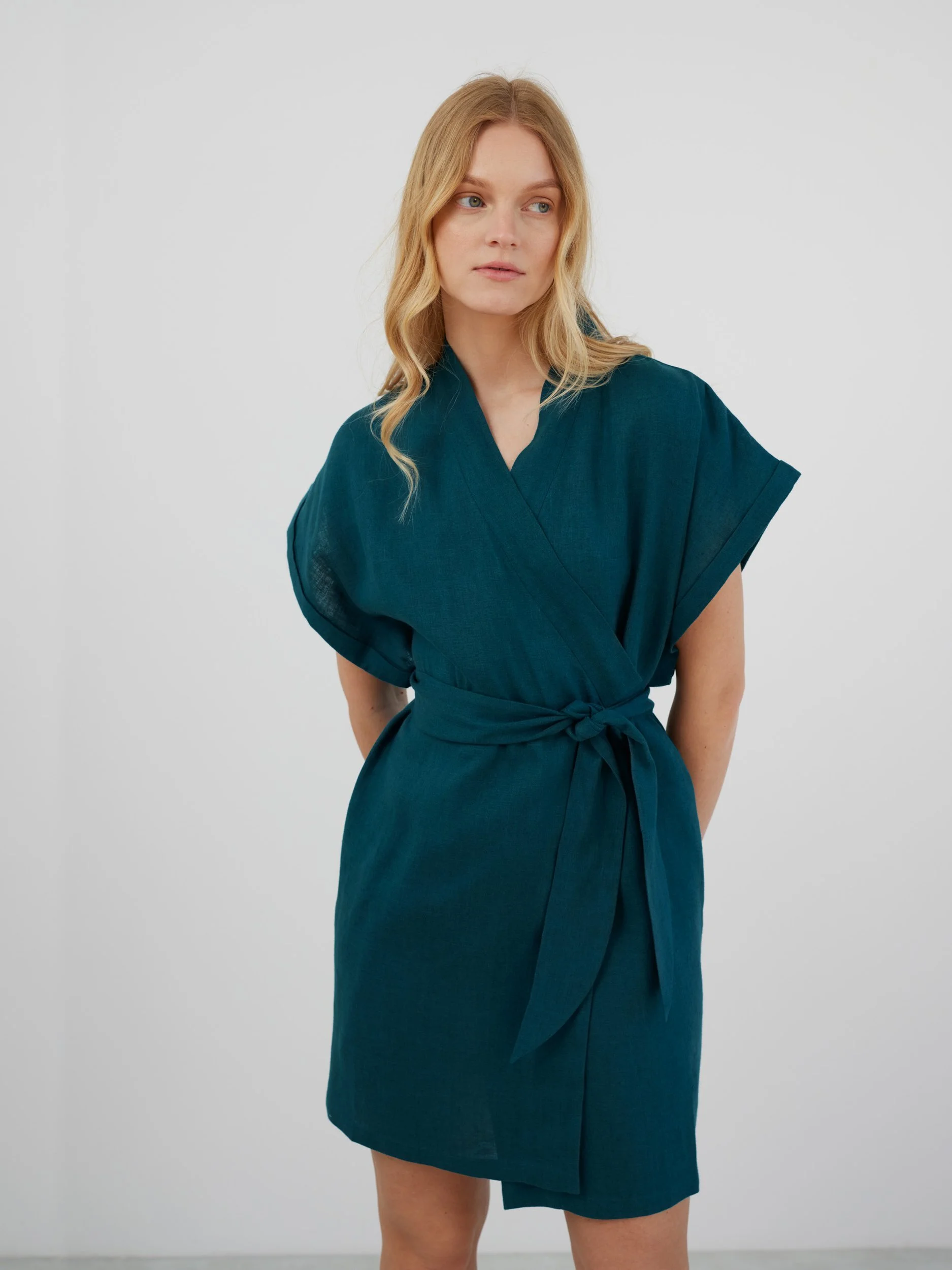 Image 2 of FAITH Mini Linen Wrap Dress in Emerald Blue from Love and Confuse