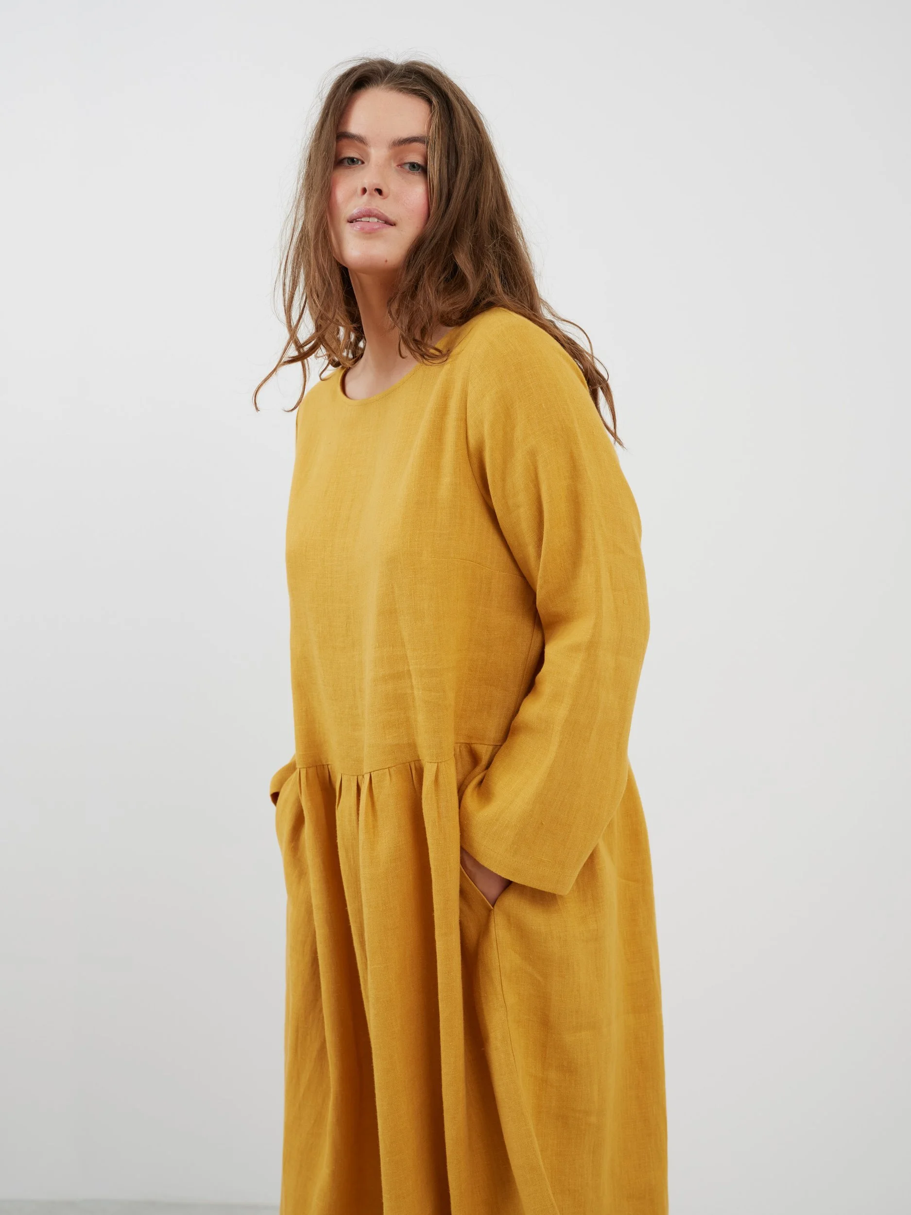 Image 3 of GEMMA Long Sleeve Linen Dress in Mustard from Love and Confuse