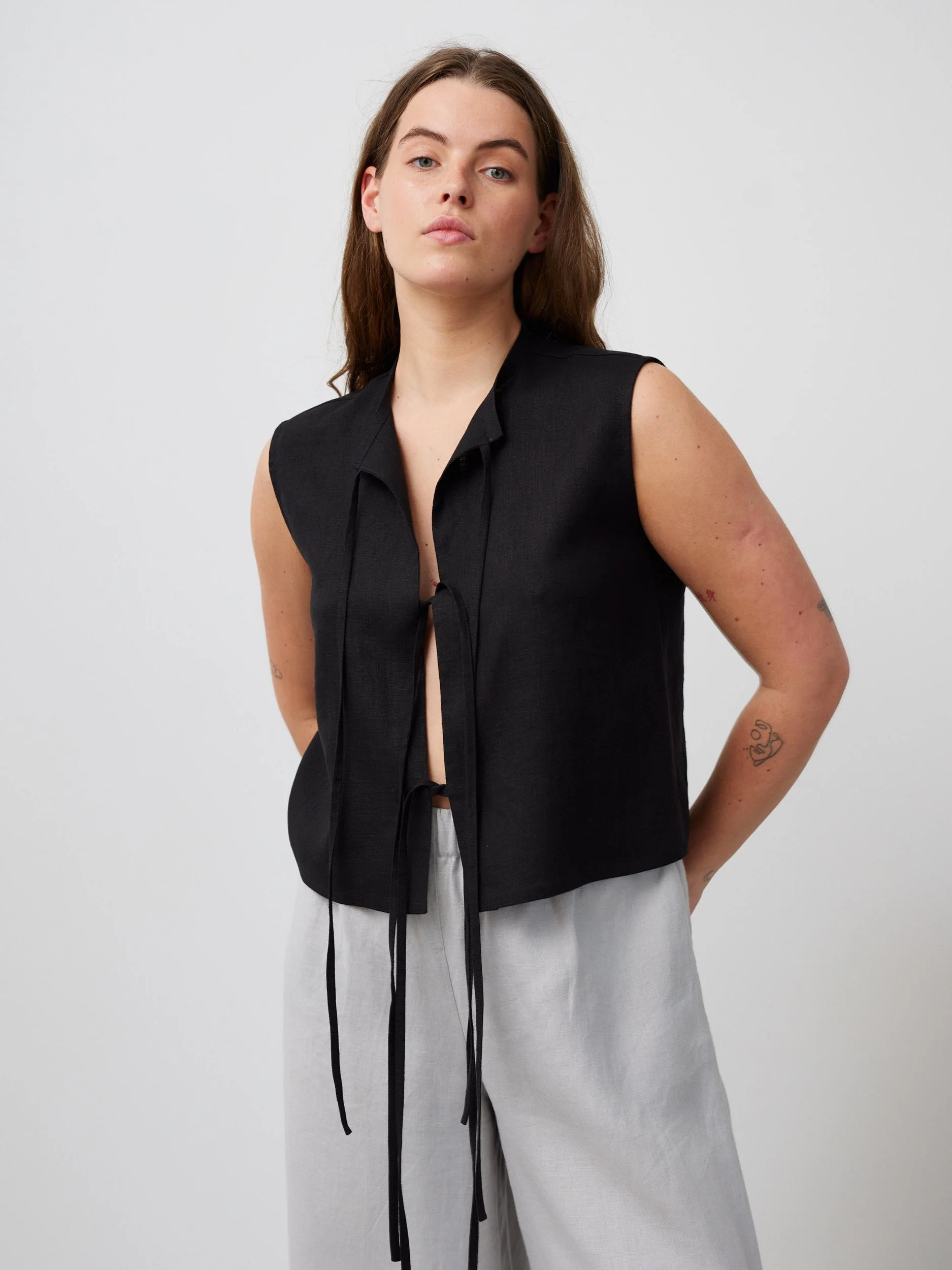 Image 3 of HEIDI Linen Tie-Front Vest Top in Black from Love and Confuse