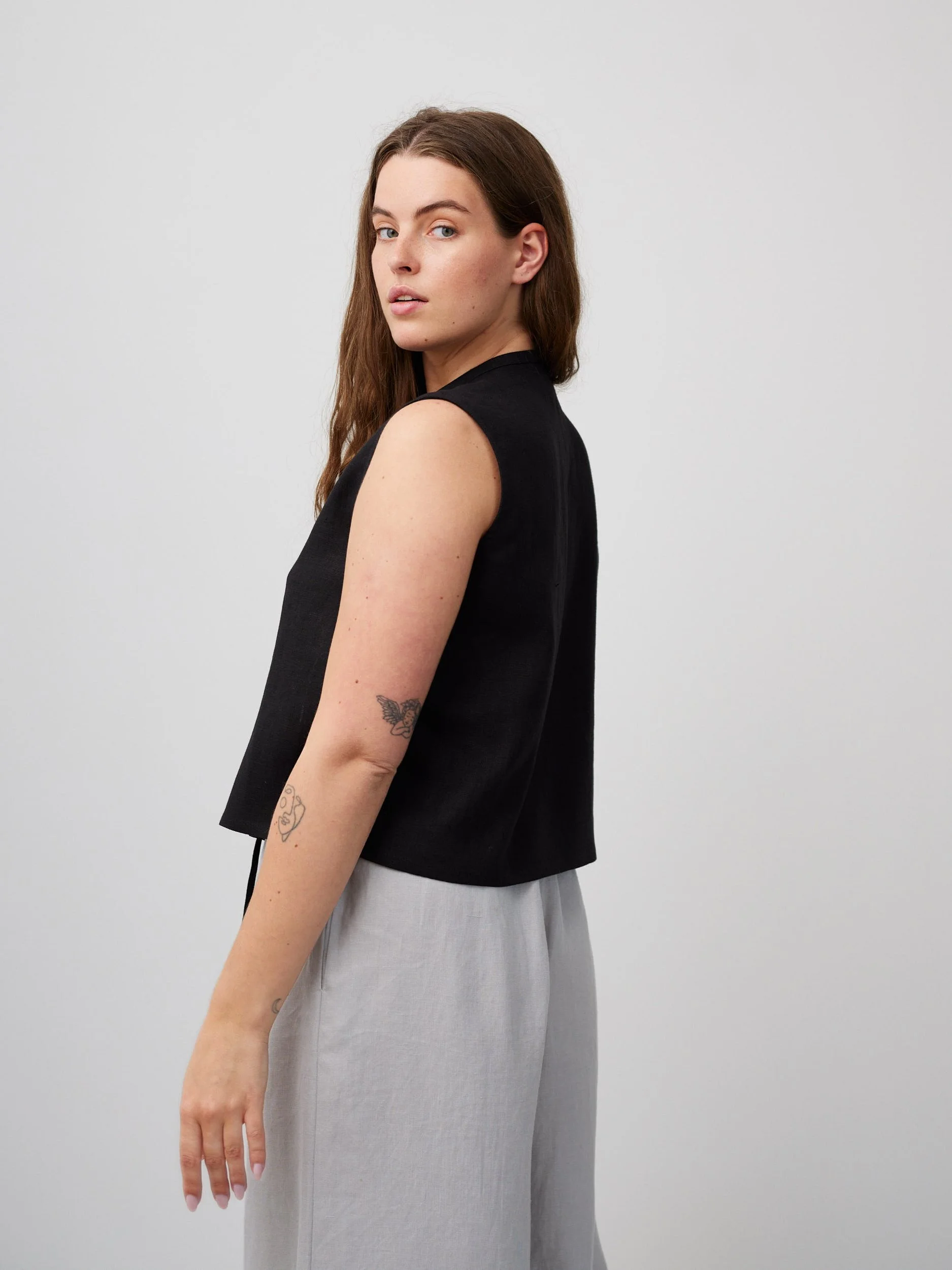 Image 4 of HEIDI Linen Tie-Front Vest Top in Black from Love and Confuse