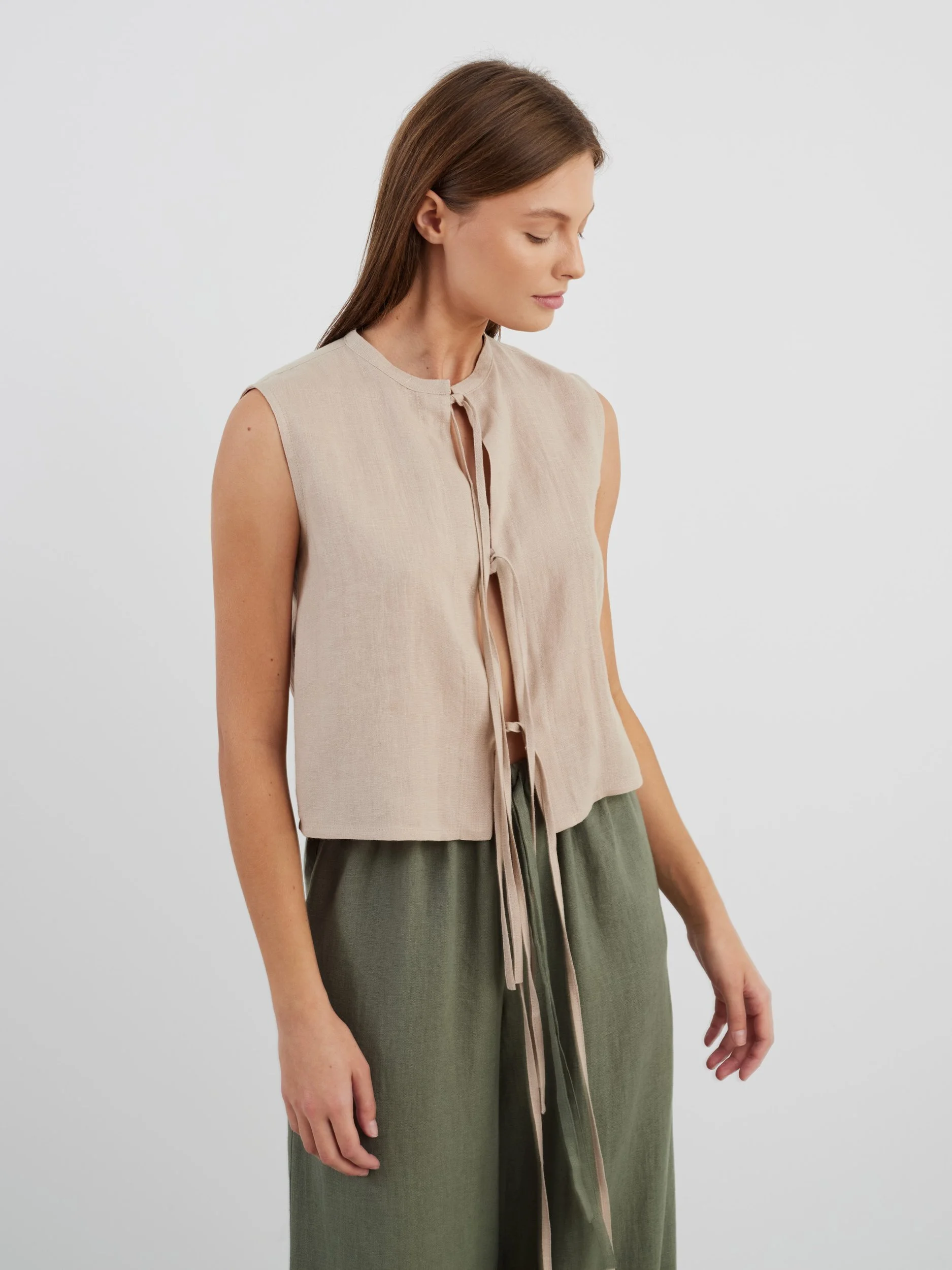 Image 5 of HEIDI Tie Front Linen Top in Beige from Love and Confuse