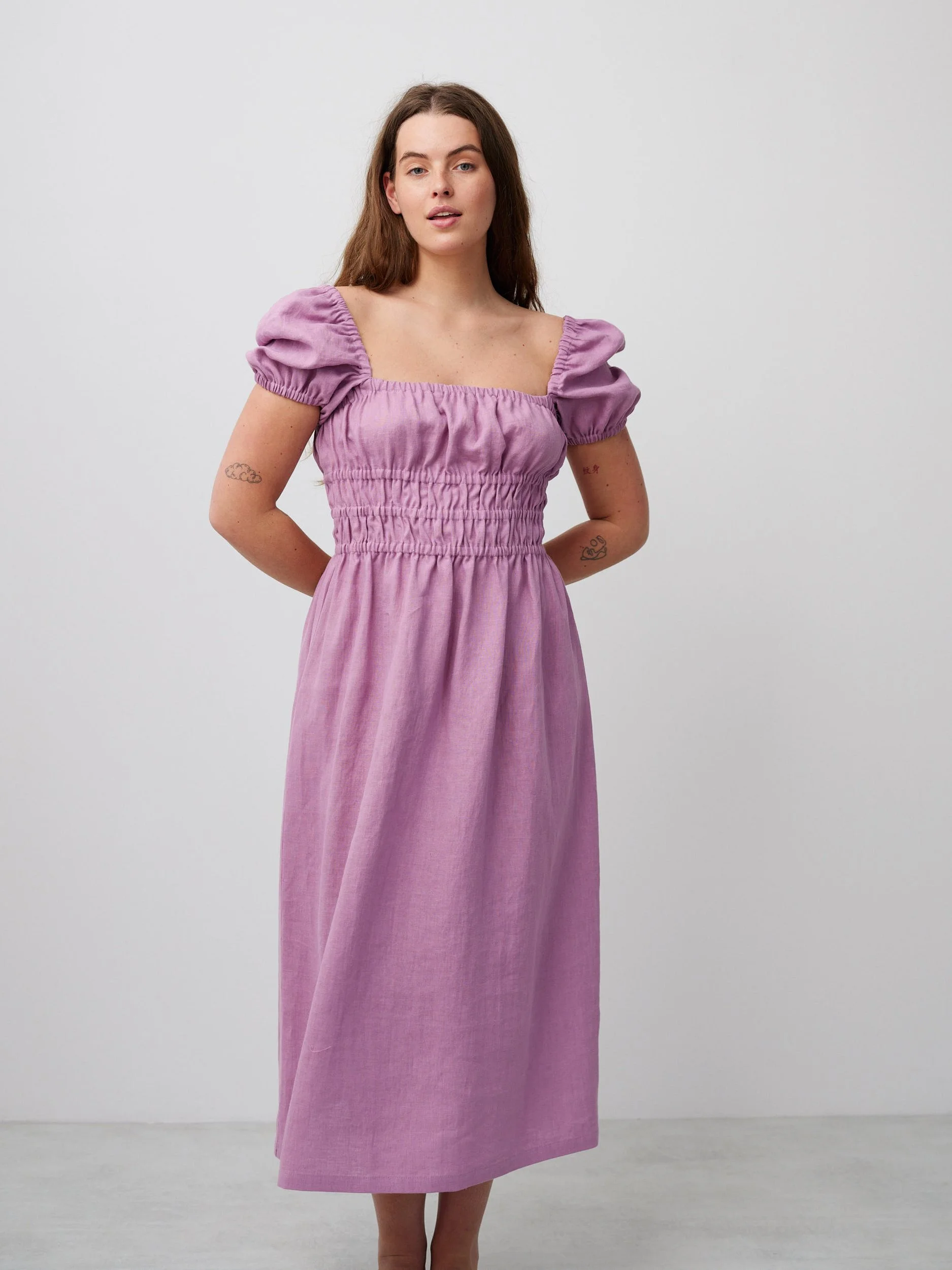 Image 2 of HOLIDAY Puff Sleeve Linen Dress in Radiant Orchid from Love and Confuse