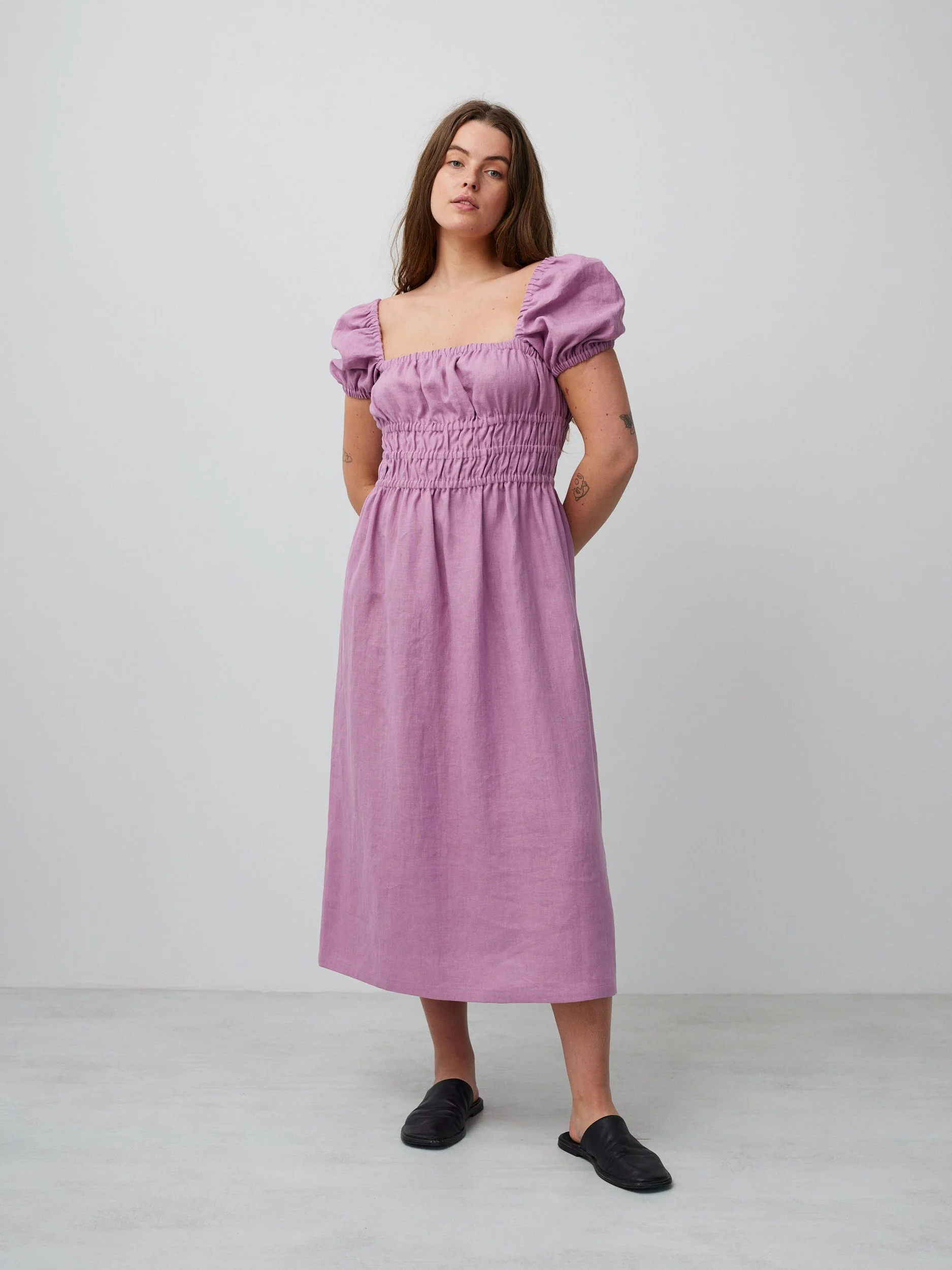 Image 4 of HOLIDAY Puff Sleeve Linen Dress in Radiant Orchid from Love and Confuse