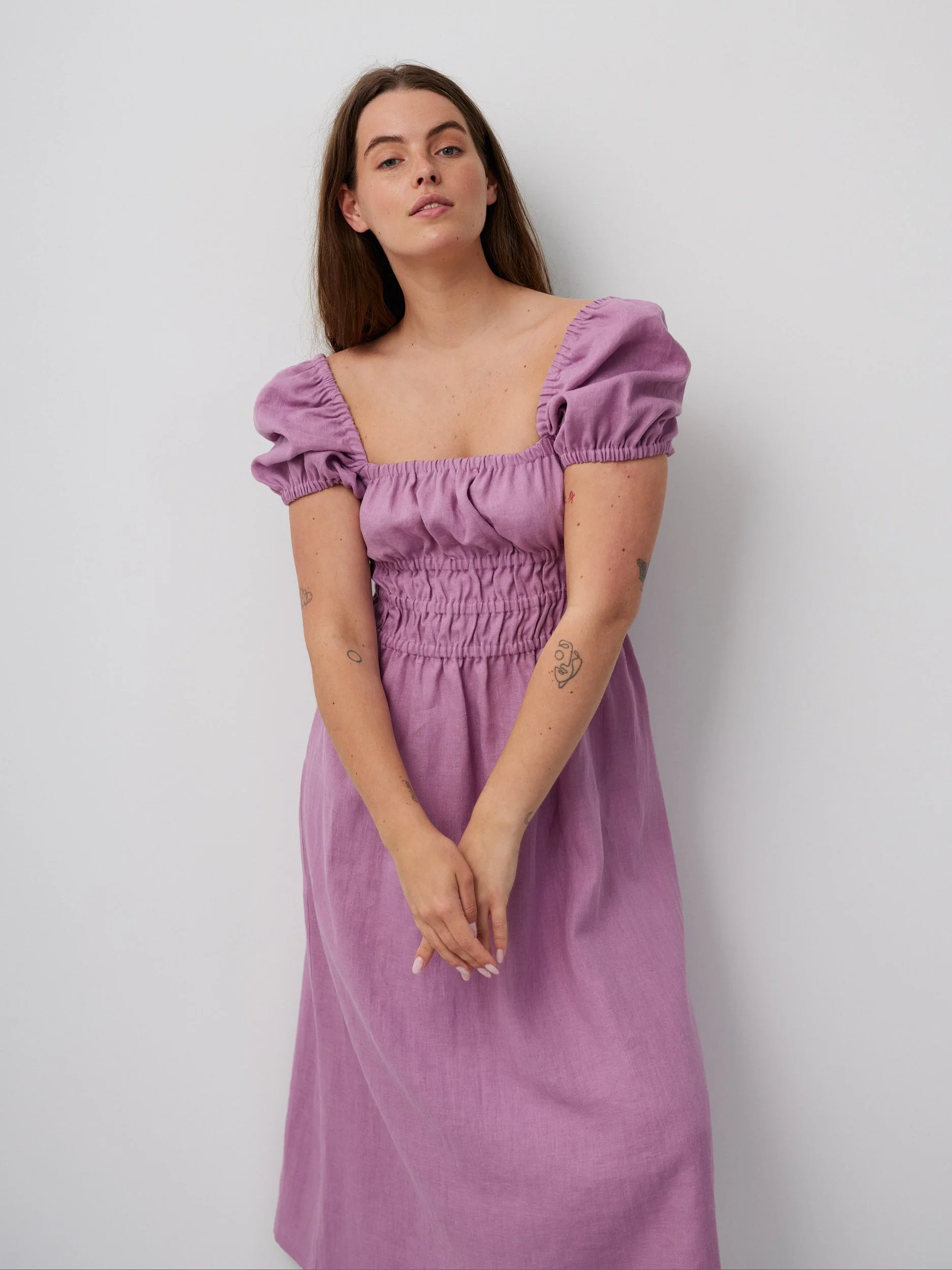 Image 5 of HOLIDAY Puff Sleeve Linen Dress in Radiant Orchid from Love and Confuse
