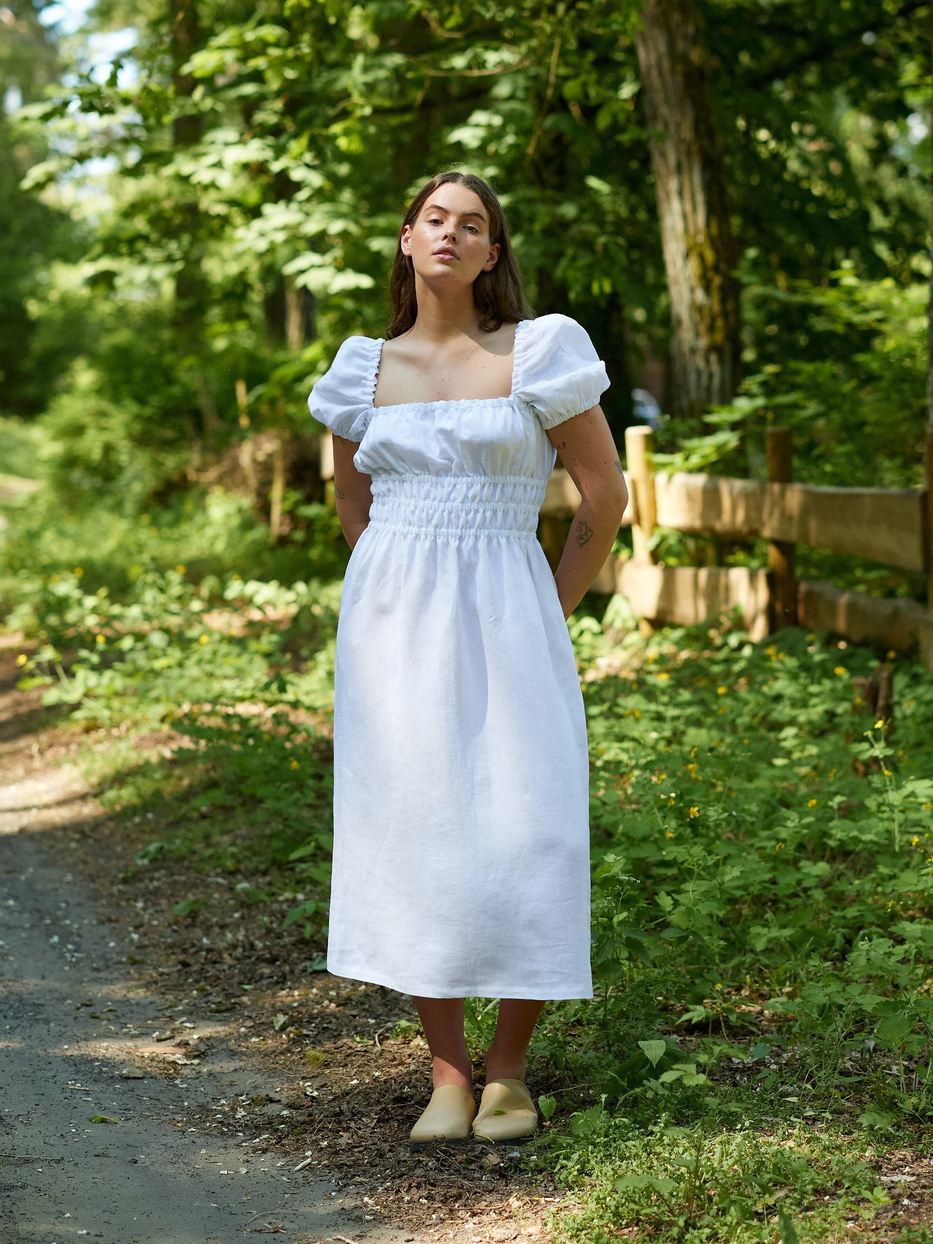 Image 2 of HOLIDAY Puff Sleeve Linen Dress in White from Love and Confuse