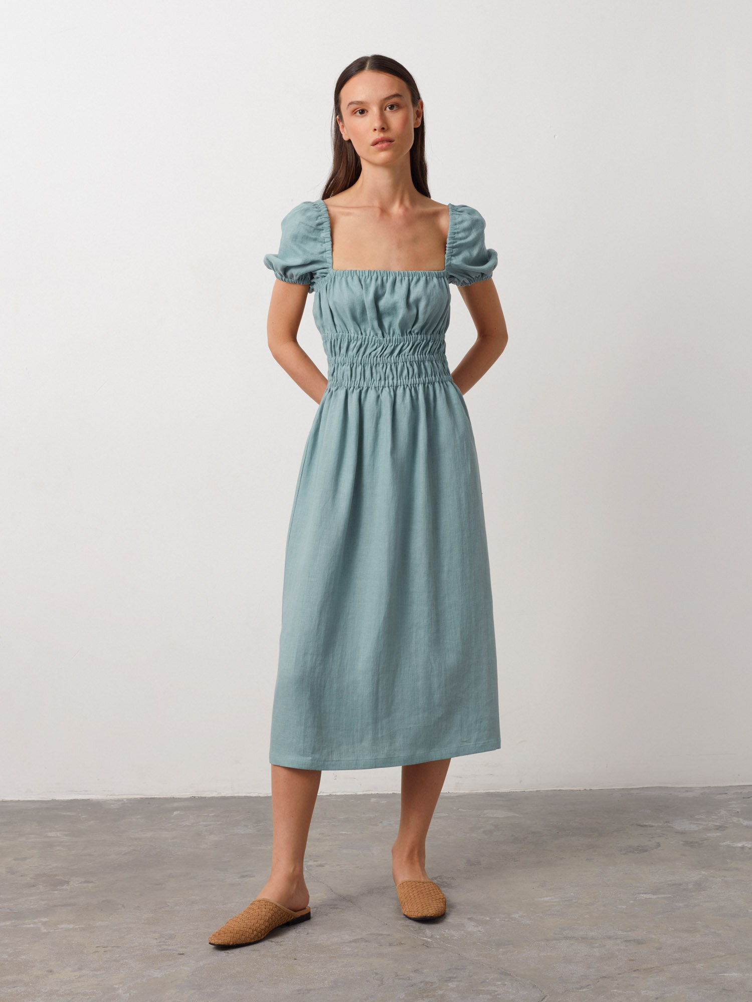 HOLIDAY Puff Sleeve Linen Midi Dress - Image 2