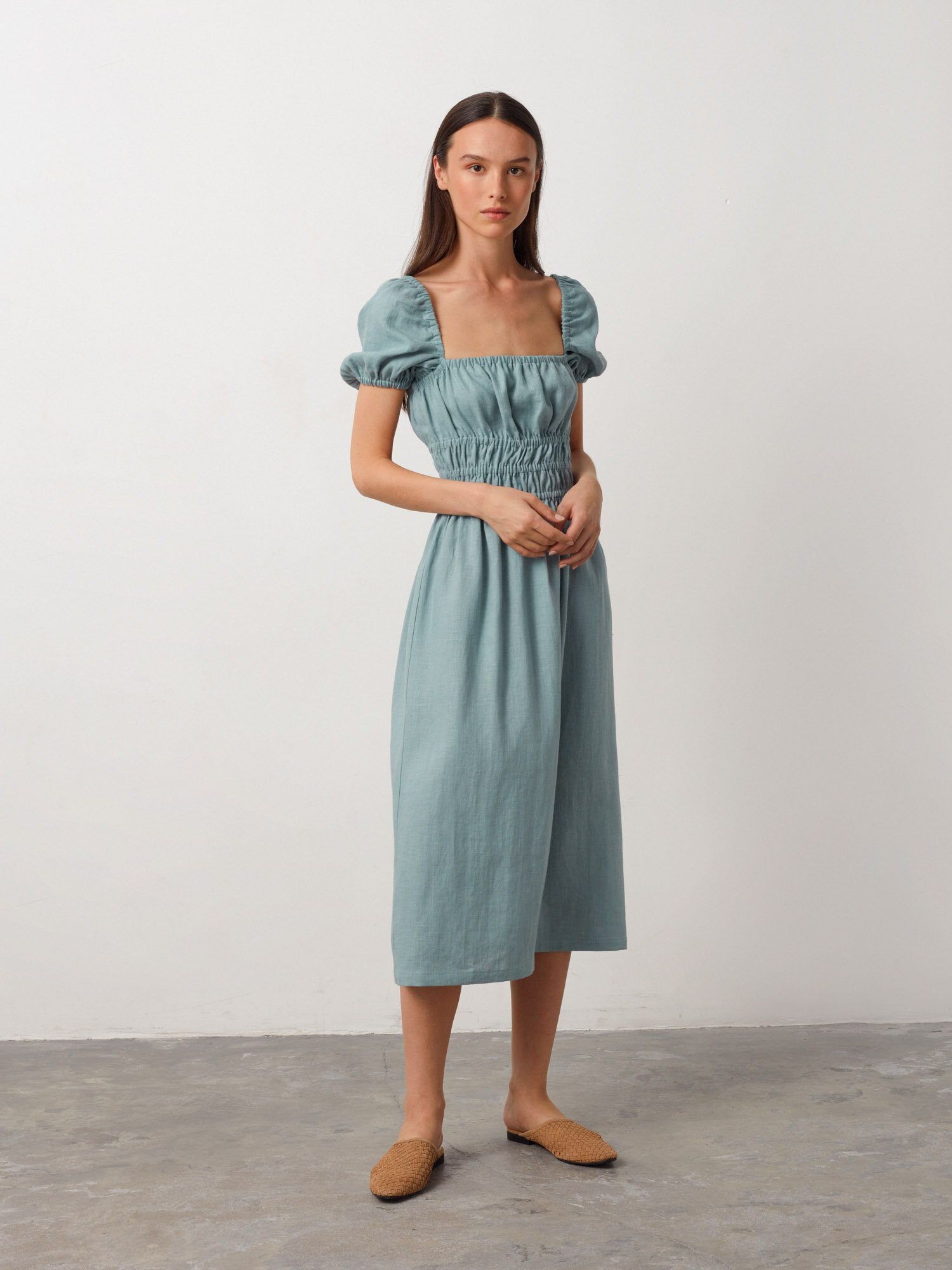 HOLIDAY Puff Sleeve Linen Midi Dress - Image 3