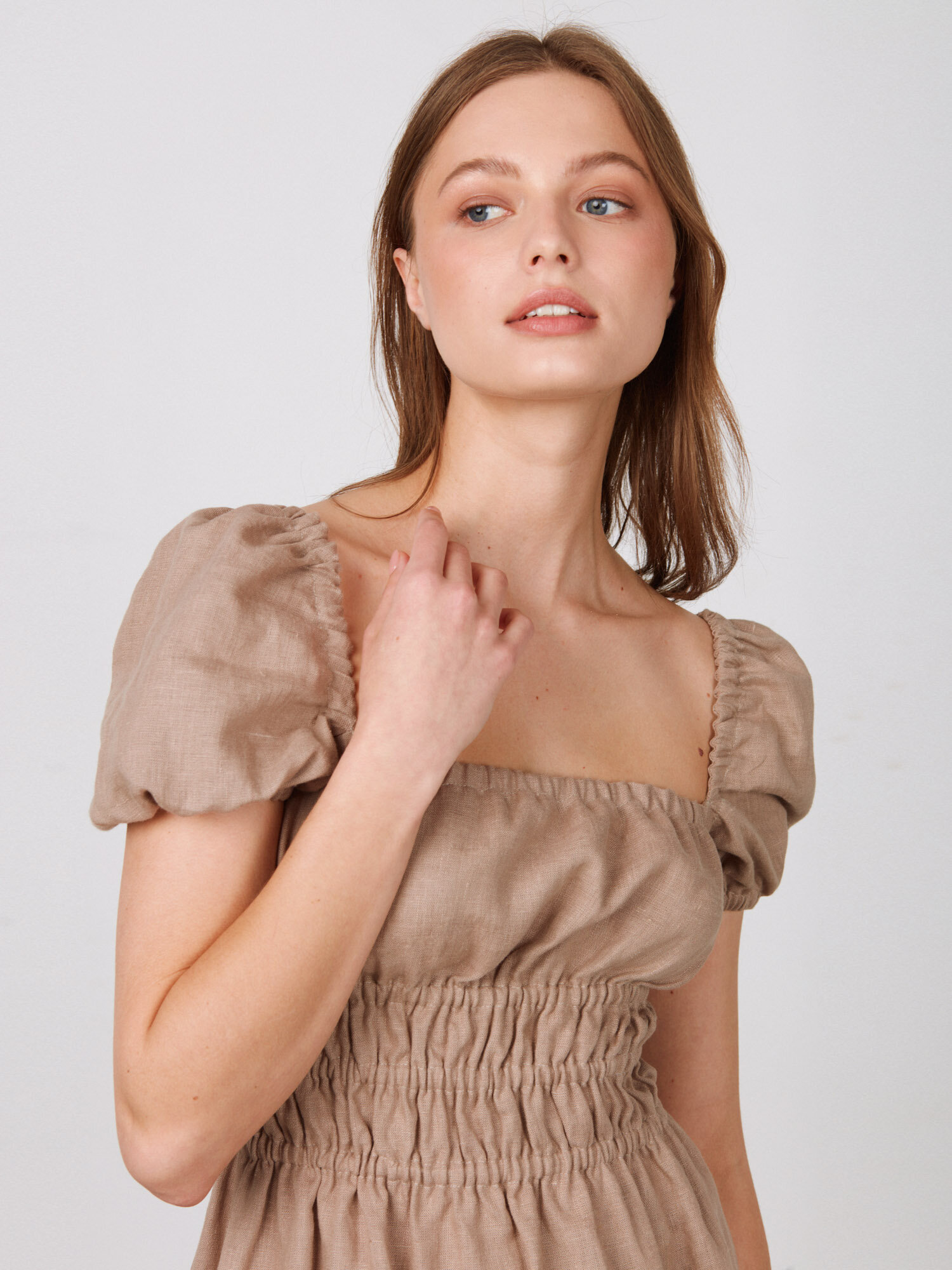 HOLIDAY Puff Sleeve Linen Midi Dress - Image 1