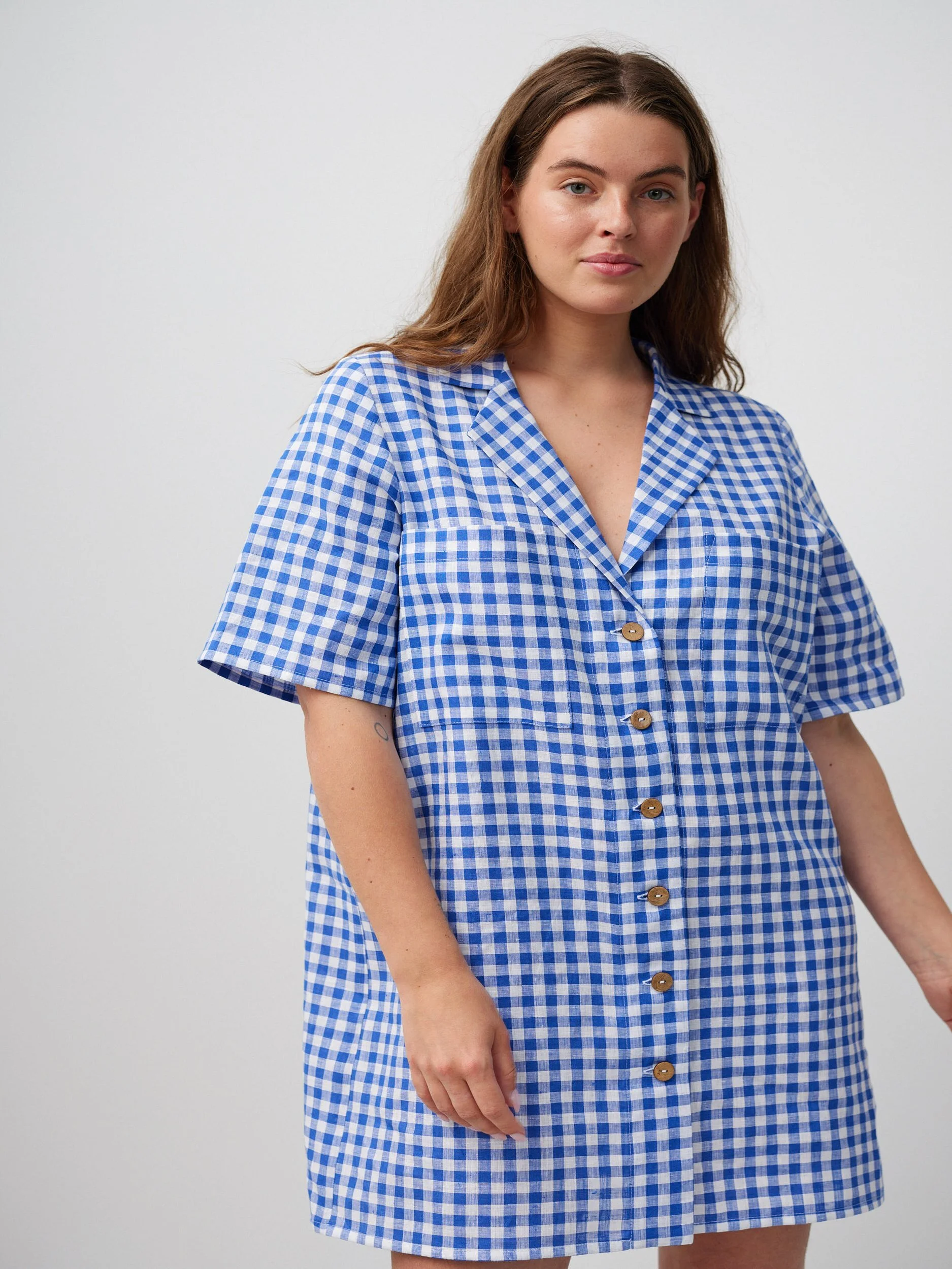 Image 3 of IDA Bowling Shirt Linen Mini Dress in Gingham Blue from Love and Confuse