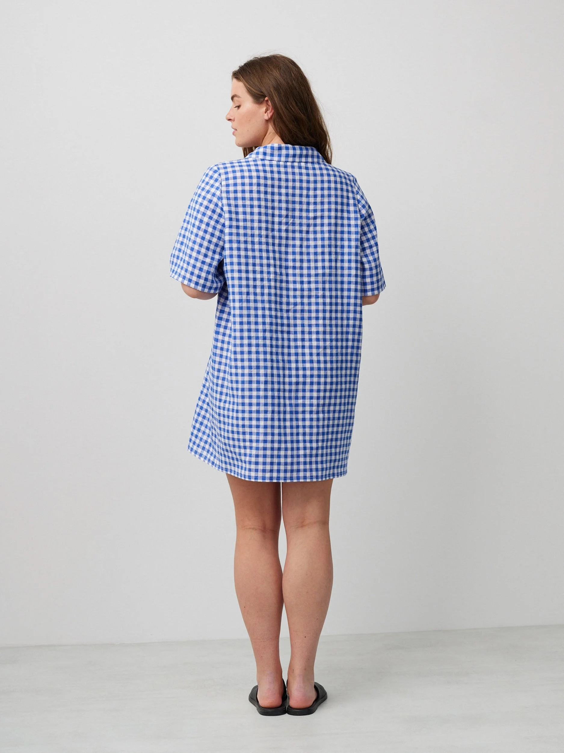Image 4 of IDA Bowling Shirt Linen Mini Dress in Gingham Blue from Love and Confuse