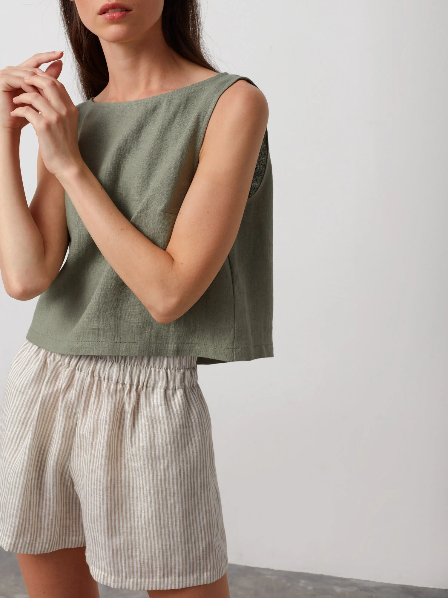 Image 1 of ISLA High Waisted Linen Shorts in Beige White Stripes from Love and Confuse