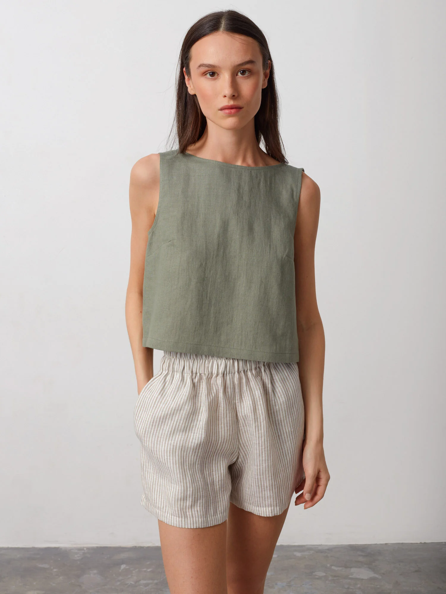 Image 2 of ISLA High Waisted Linen Shorts in Beige White Stripes from Love and Confuse