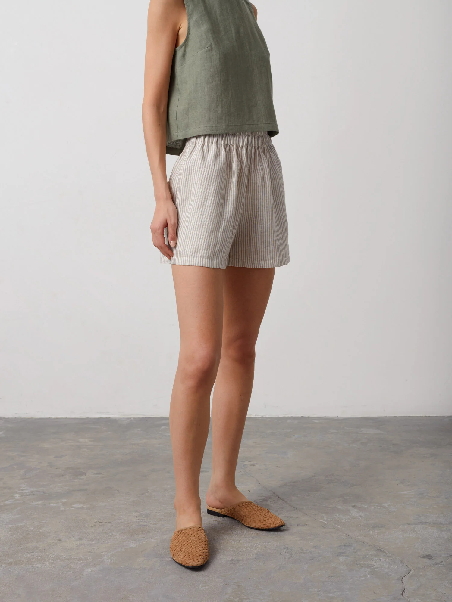 Image 4 of ISLA High Waisted Linen Shorts in Beige White Stripes from Love and Confuse