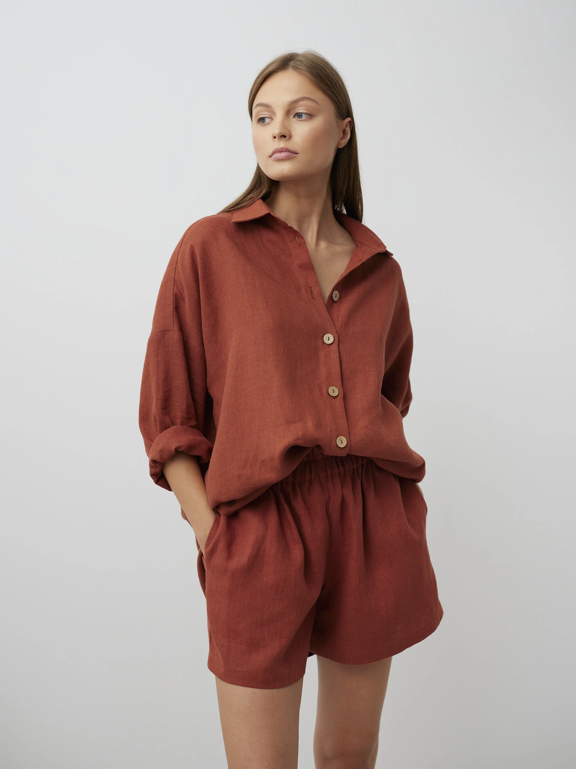Image 1 of ISLA High Waisted Linen Shorts in Rust from Love and Confuse