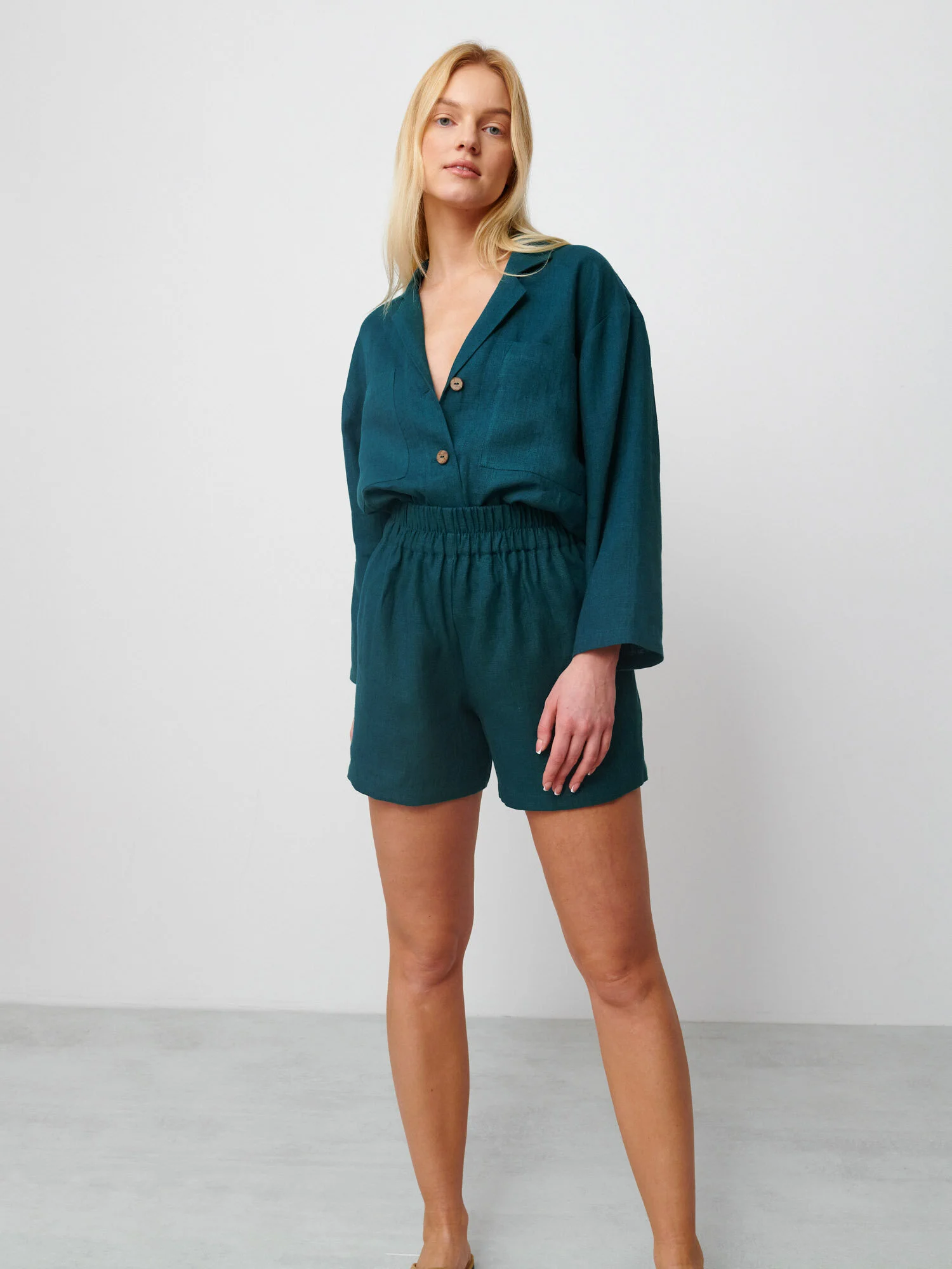 Image 1 of ISLA High Waisted Linen Shorts in Emerald Blue from Love and Confuse