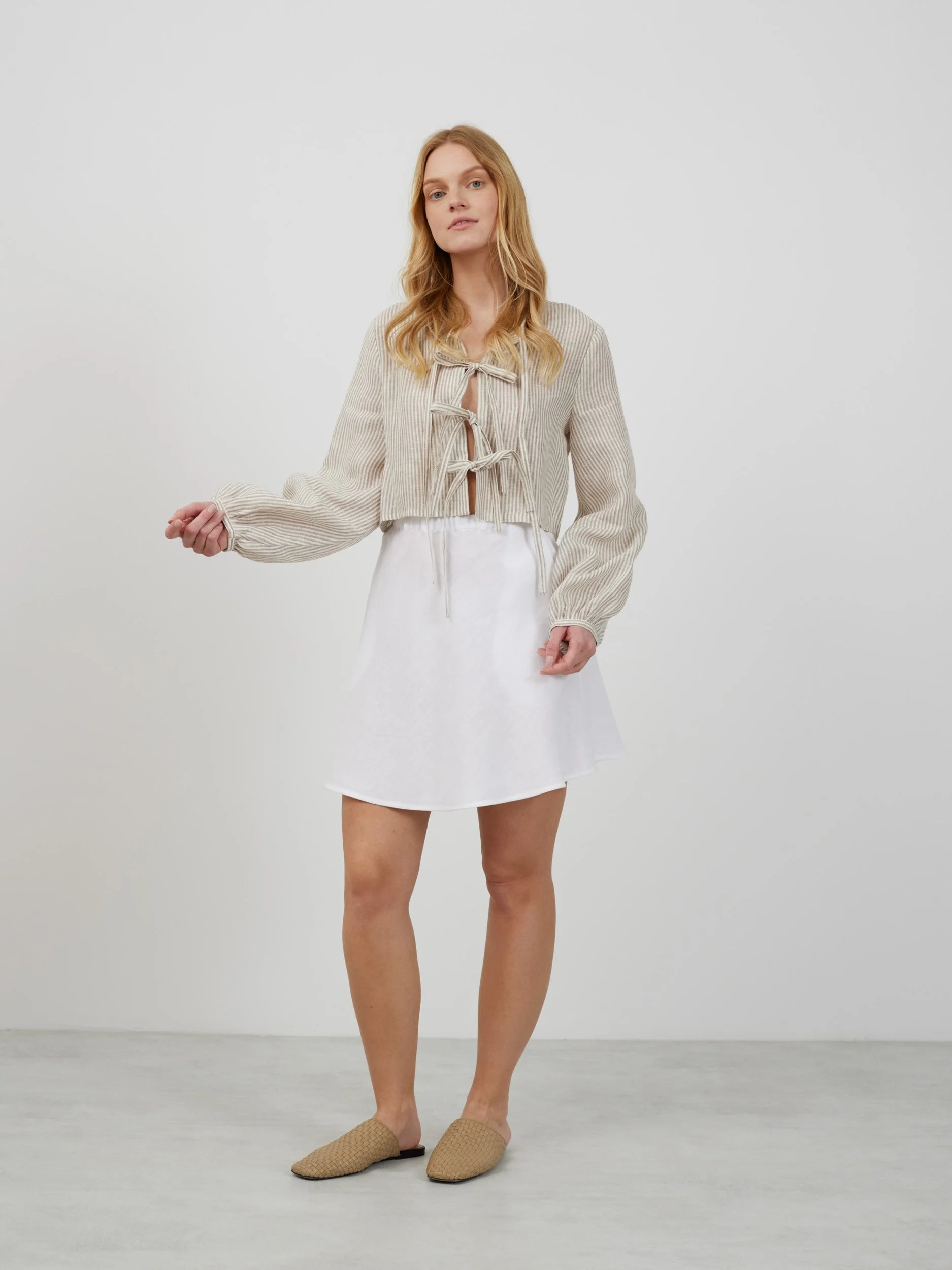 Image 2 of KOA Tie Front Linen Top in Beige White Stripes from Love and Confuse