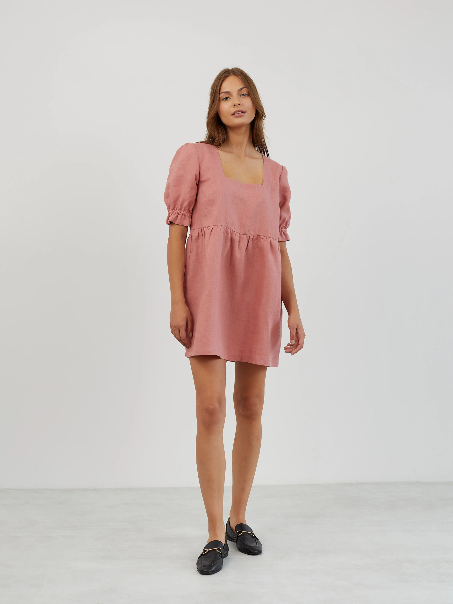 Image 2 of Linen Babydoll Mini Dress in Salmon Pink FIONA from Love and Confuse | Handmade Linen Clothing for Women