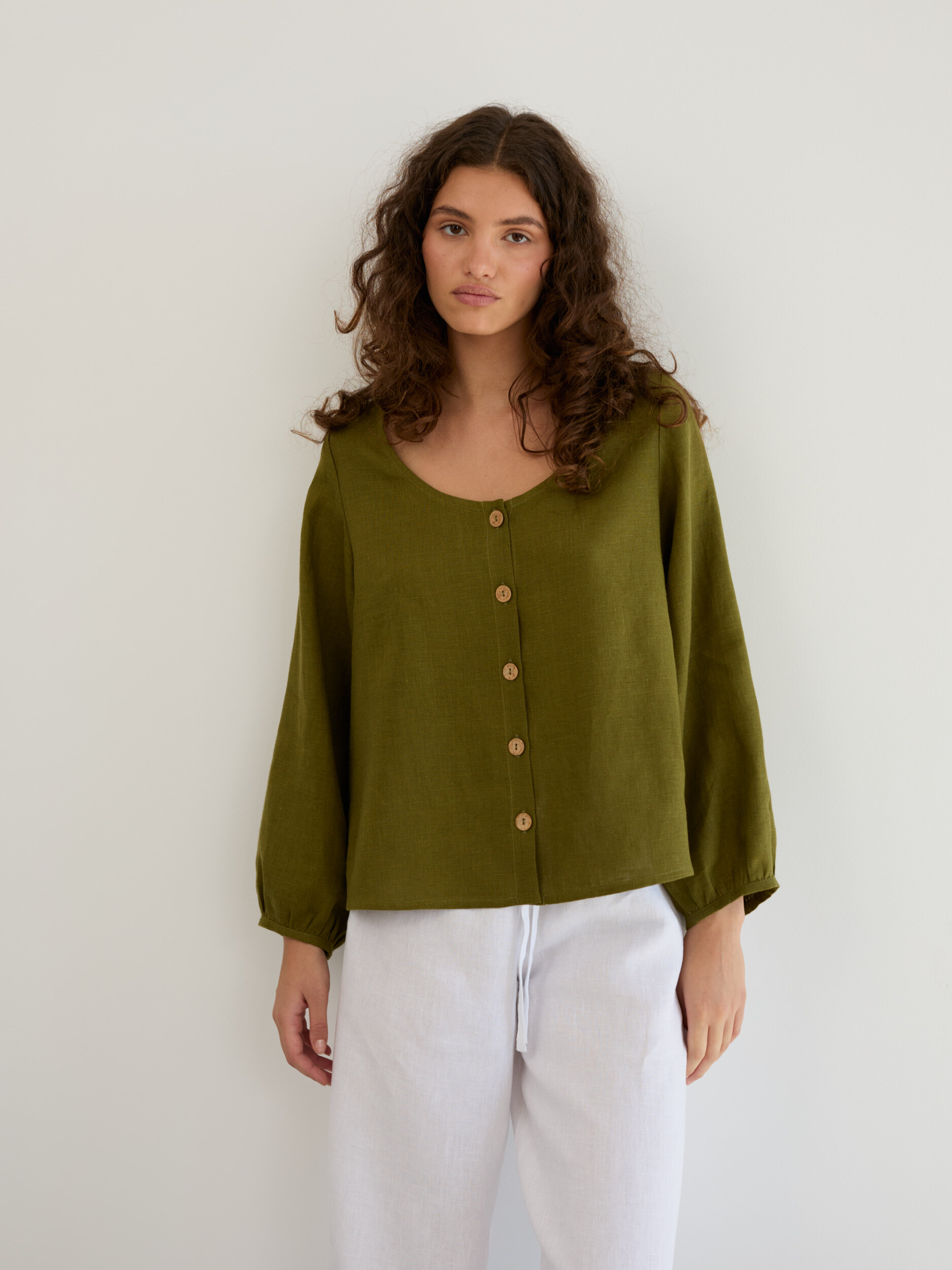 Linen Balloon Sleeve Button Up Blouse DAISY - Image 2