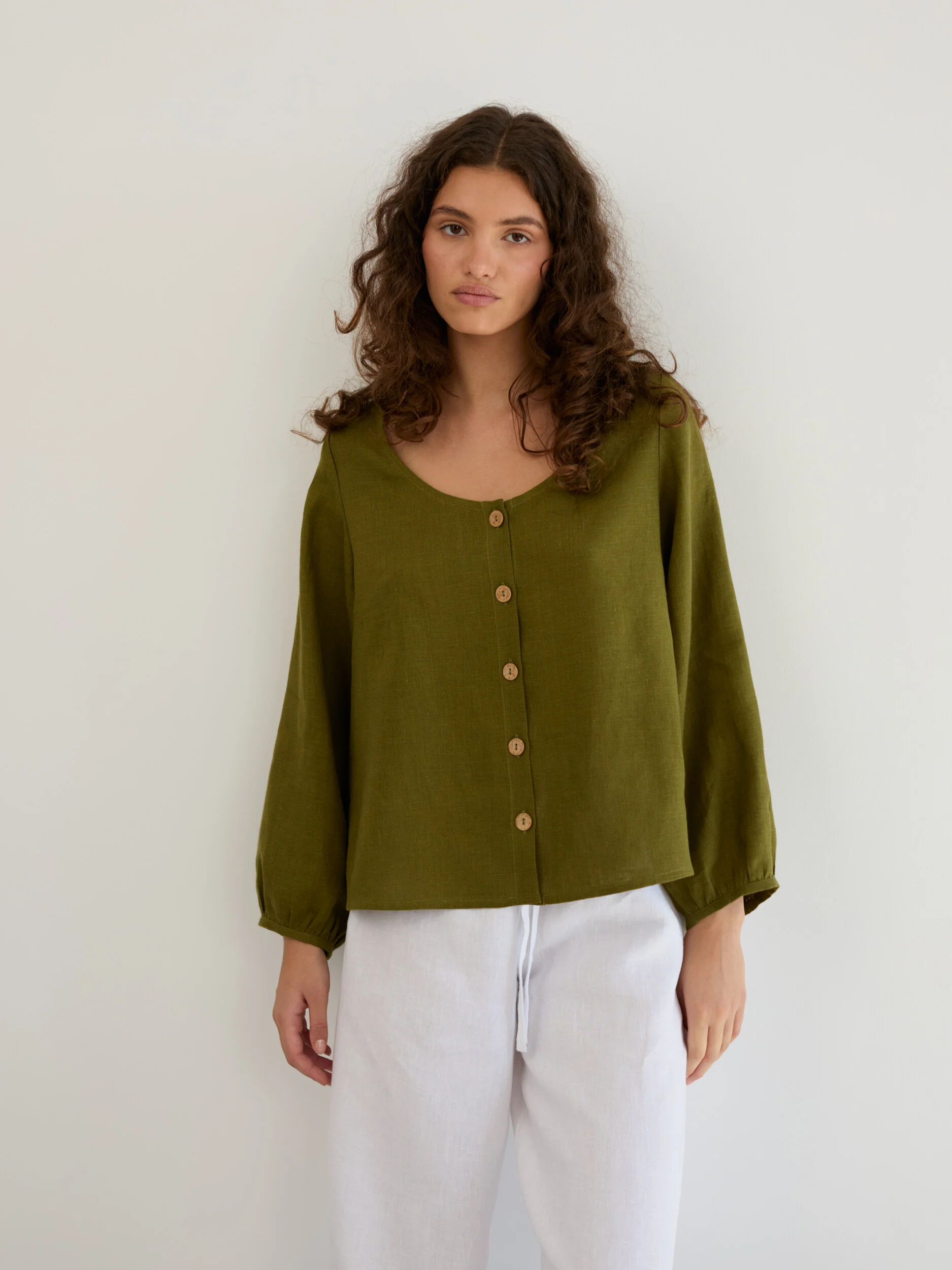 Image 2 of Linen Balloon Sleeve Button Up Blouse in Moss Green DAISY from Love and Confuse | Handmade Linen Clothing for Women