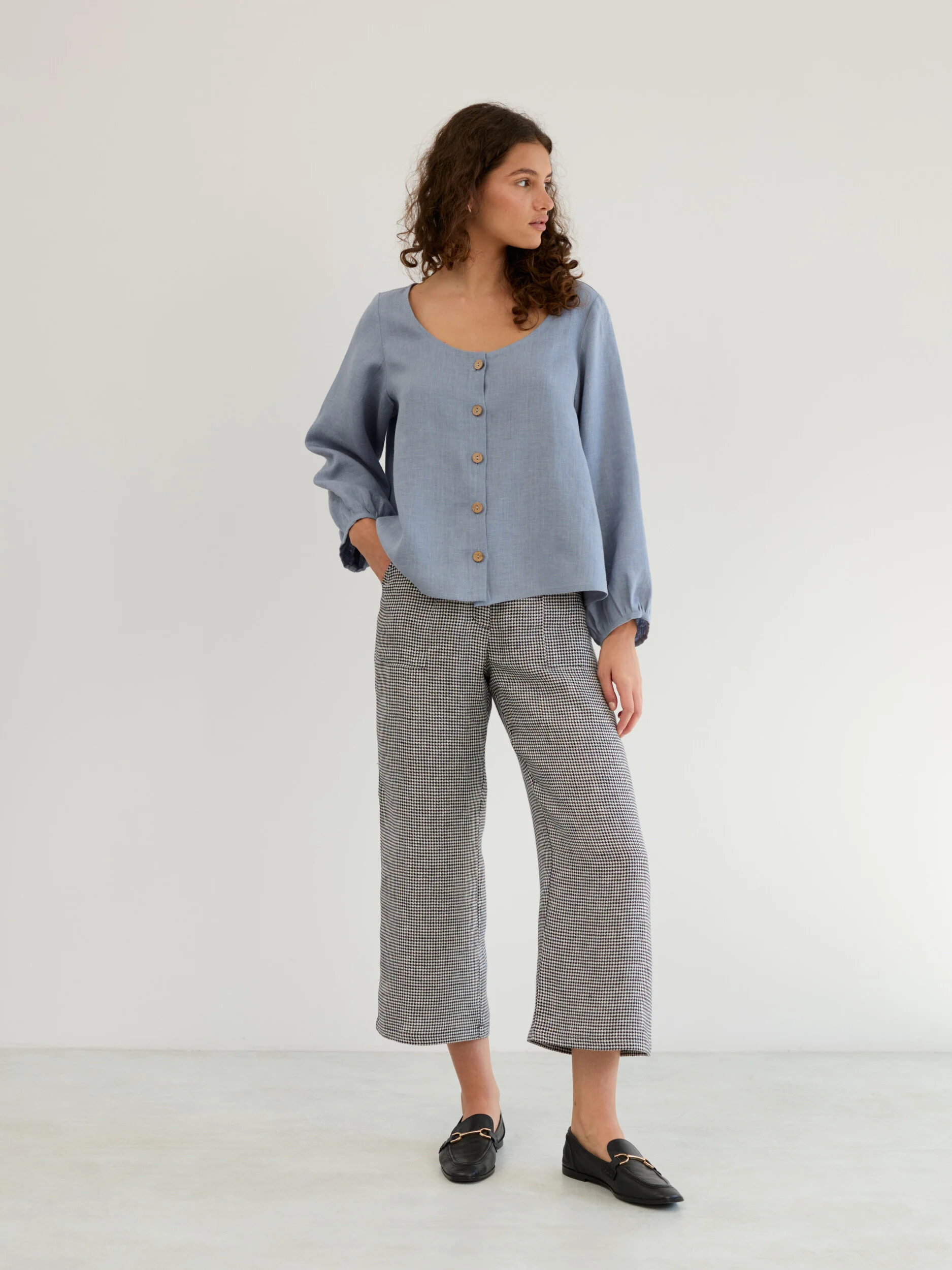 Image 2 of Linen Balloon Sleeve Button Up Blouse in Vista Blue DAISY from Love and Confuse | Handmade Linen Clothing for Women