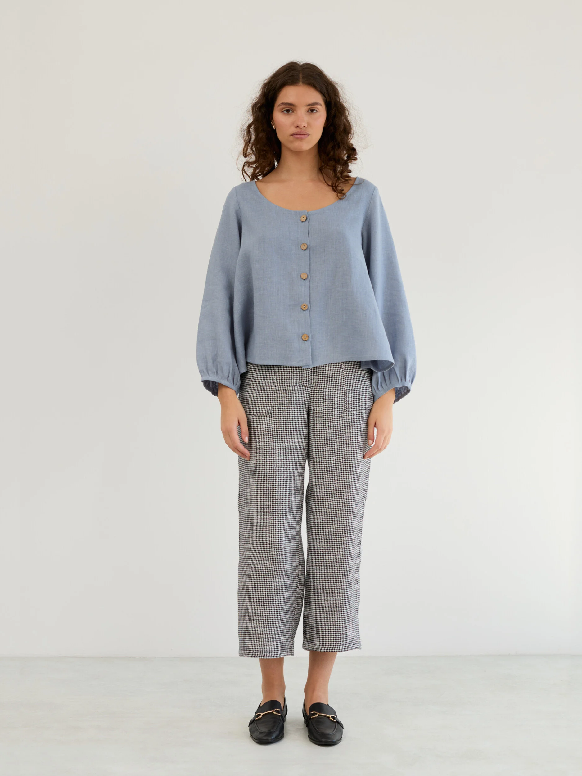 Image 4 of Linen Balloon Sleeve Button Up Blouse in Vista Blue DAISY from Love and Confuse | Handmade Linen Clothing for Women