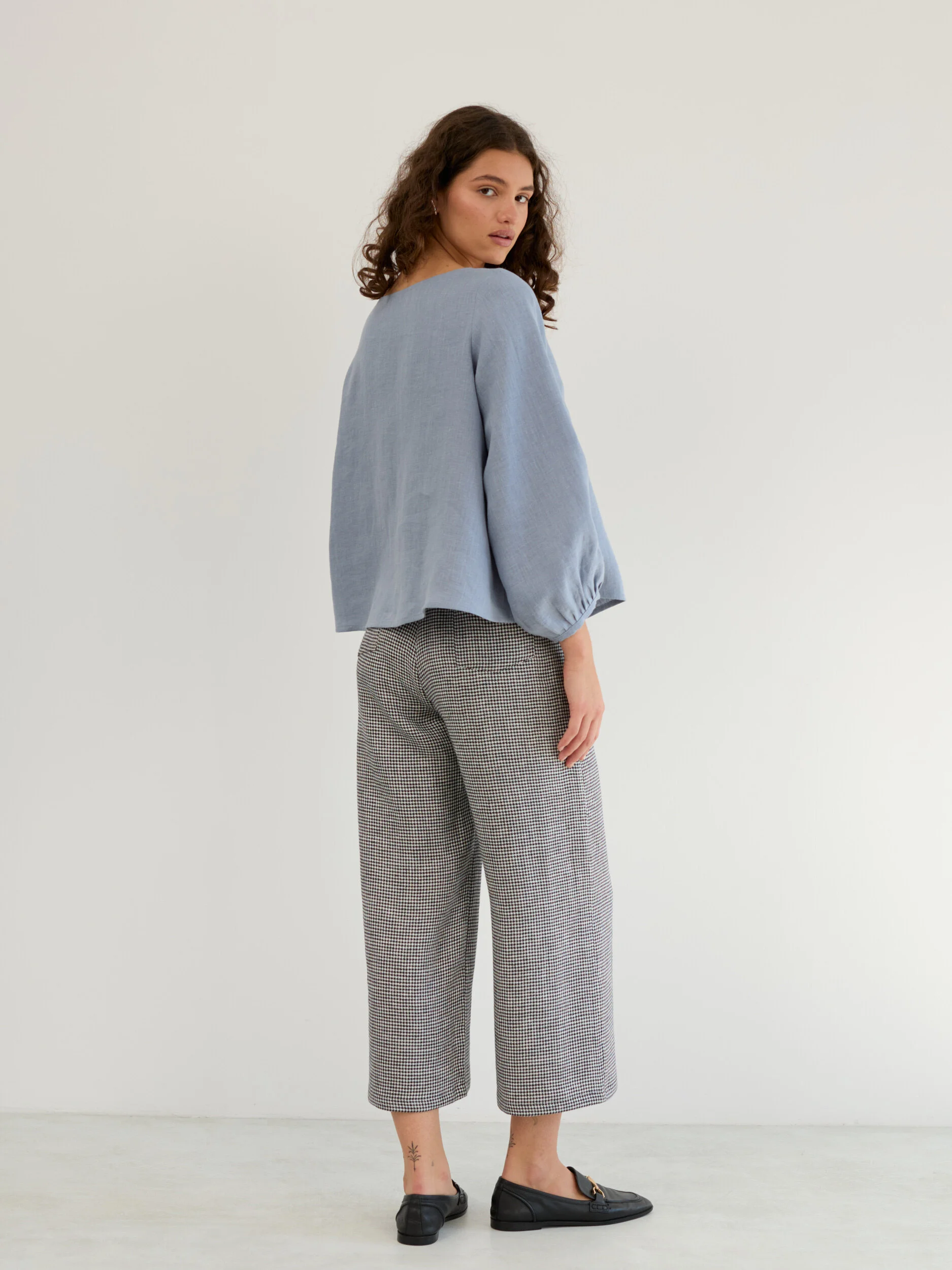 Image 5 of Linen Balloon Sleeve Button Up Blouse in Vista Blue DAISY from Love and Confuse | Handmade Linen Clothing for Women