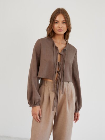 Linen Tie Front Long Sleeve Blouse KOA