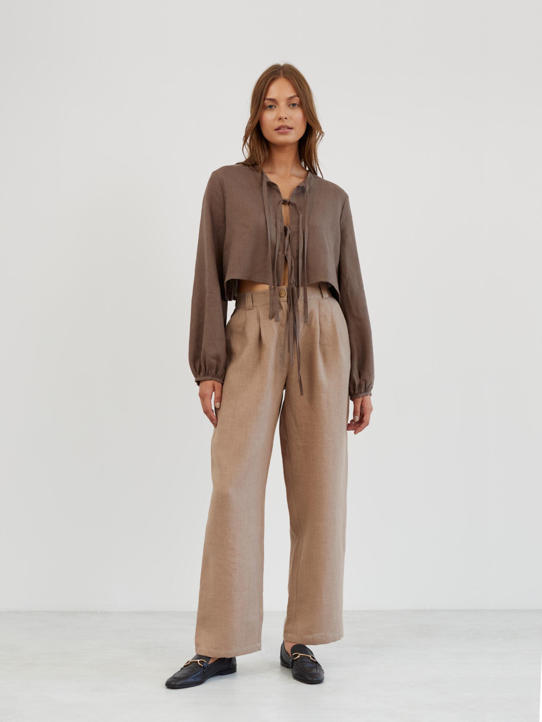Linen Tie Front Long Sleeve Blouse KOA - Image 2