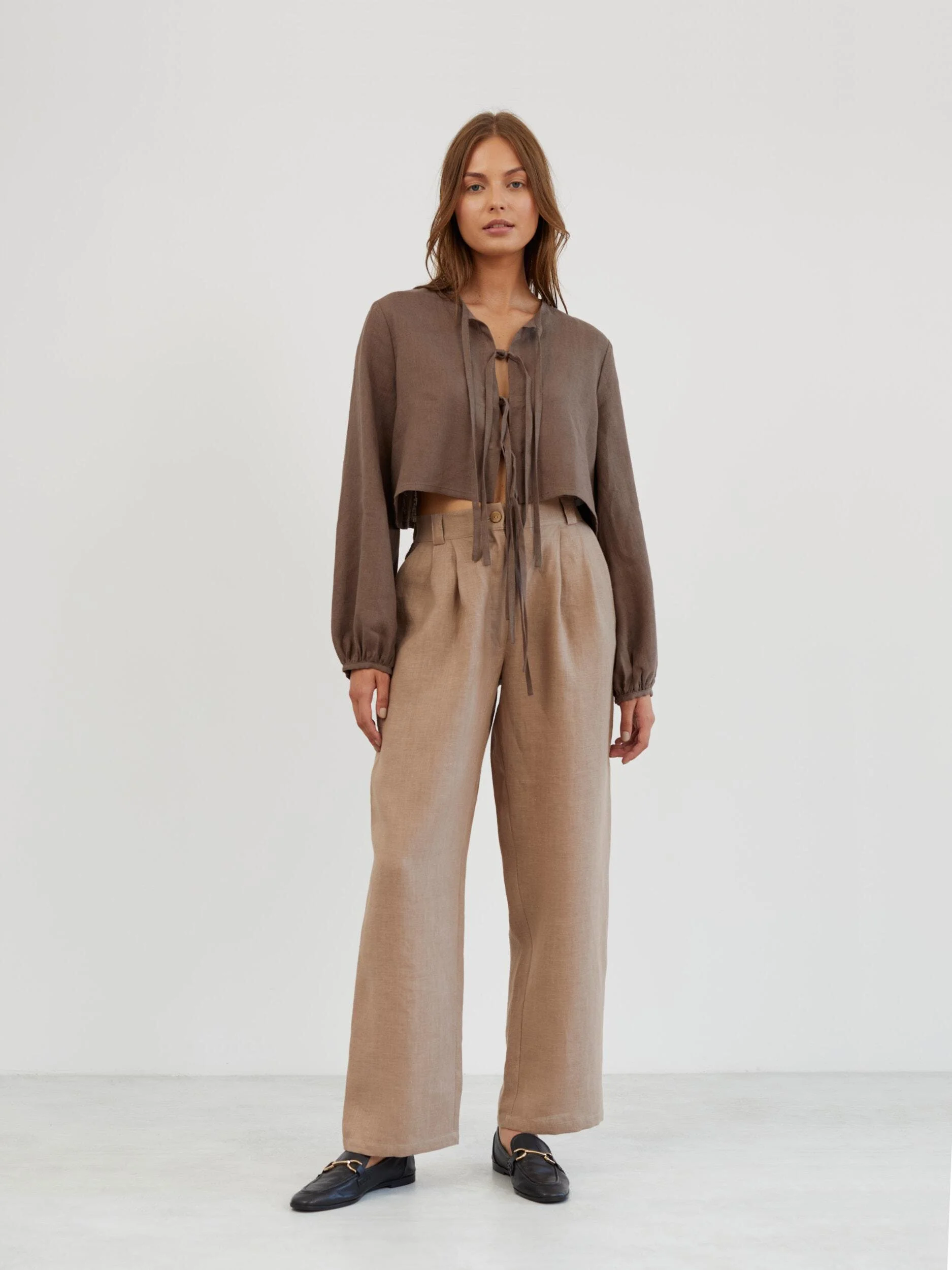 Image 2 of Long Sleeve Tie Front Linen Blouse in Cocoa KOA from Love and Confuse | Handmade Linen Clothing for Women