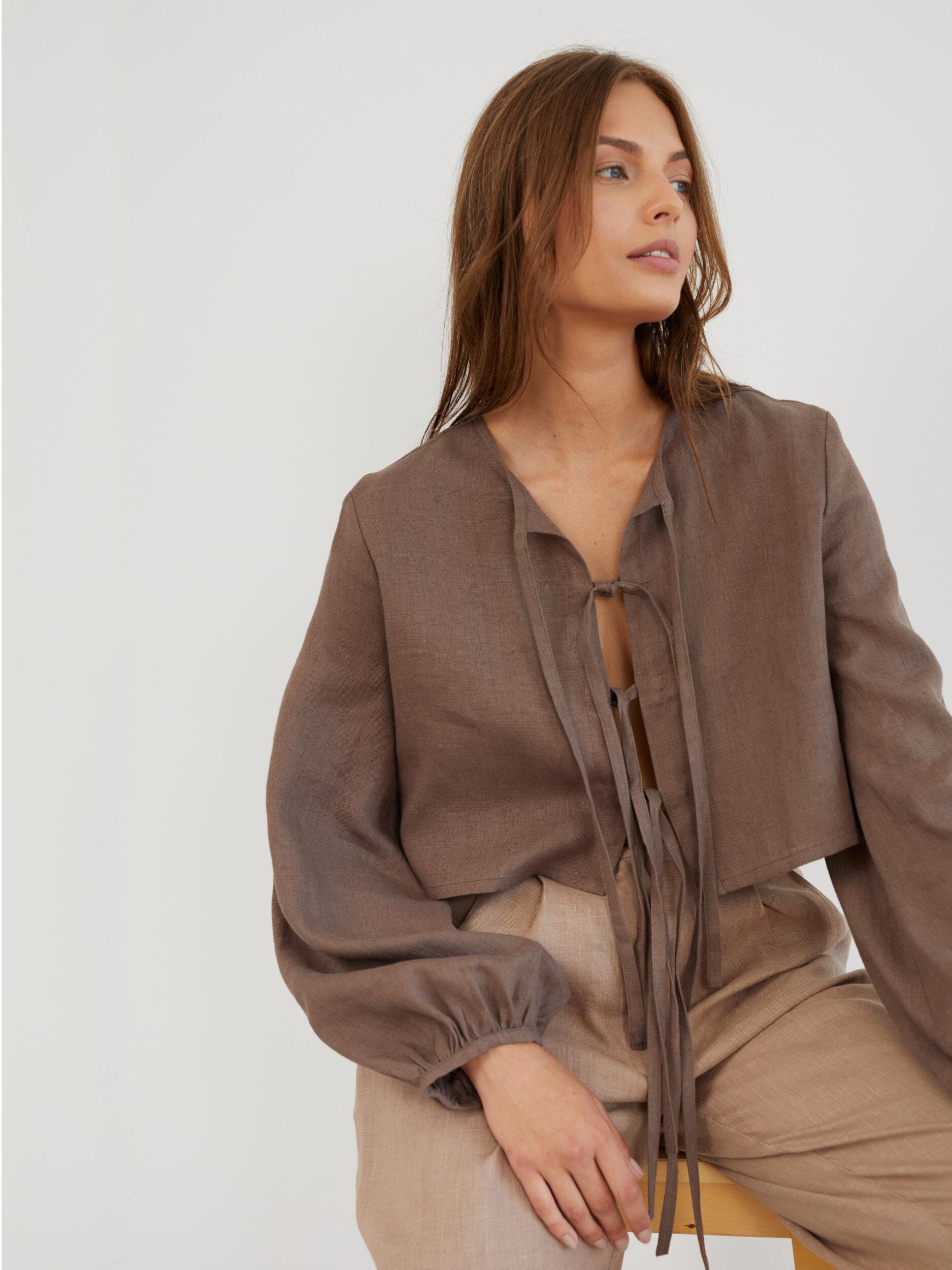 Linen Tie Front Long Sleeve Blouse KOA - Image 3