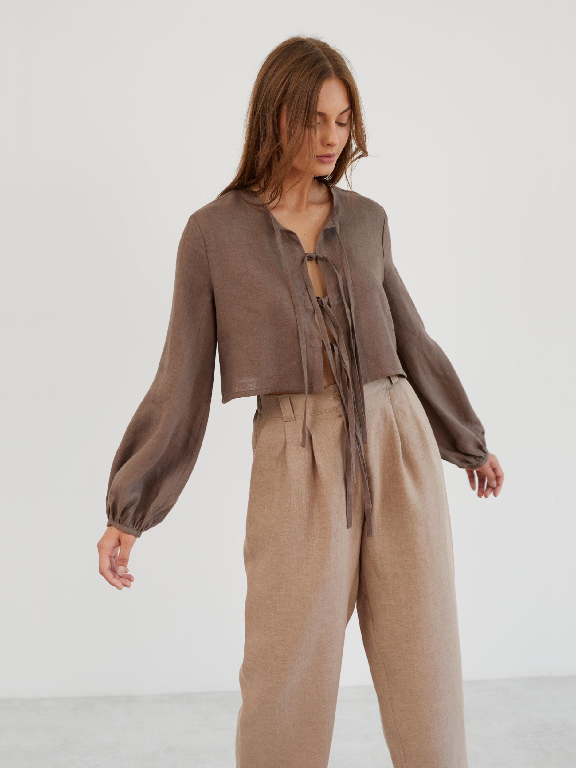 Linen Tie Front Long Sleeve Blouse KOA - Image 5