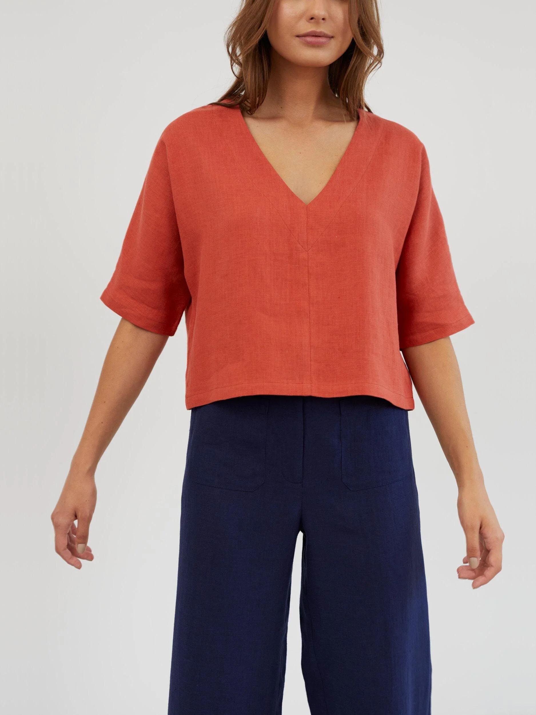Image 3 of Linen Linen V Neck Blouse in Burnt Orange BRIANNA from Love and Confuse | Handmade Linen Clothing for Women