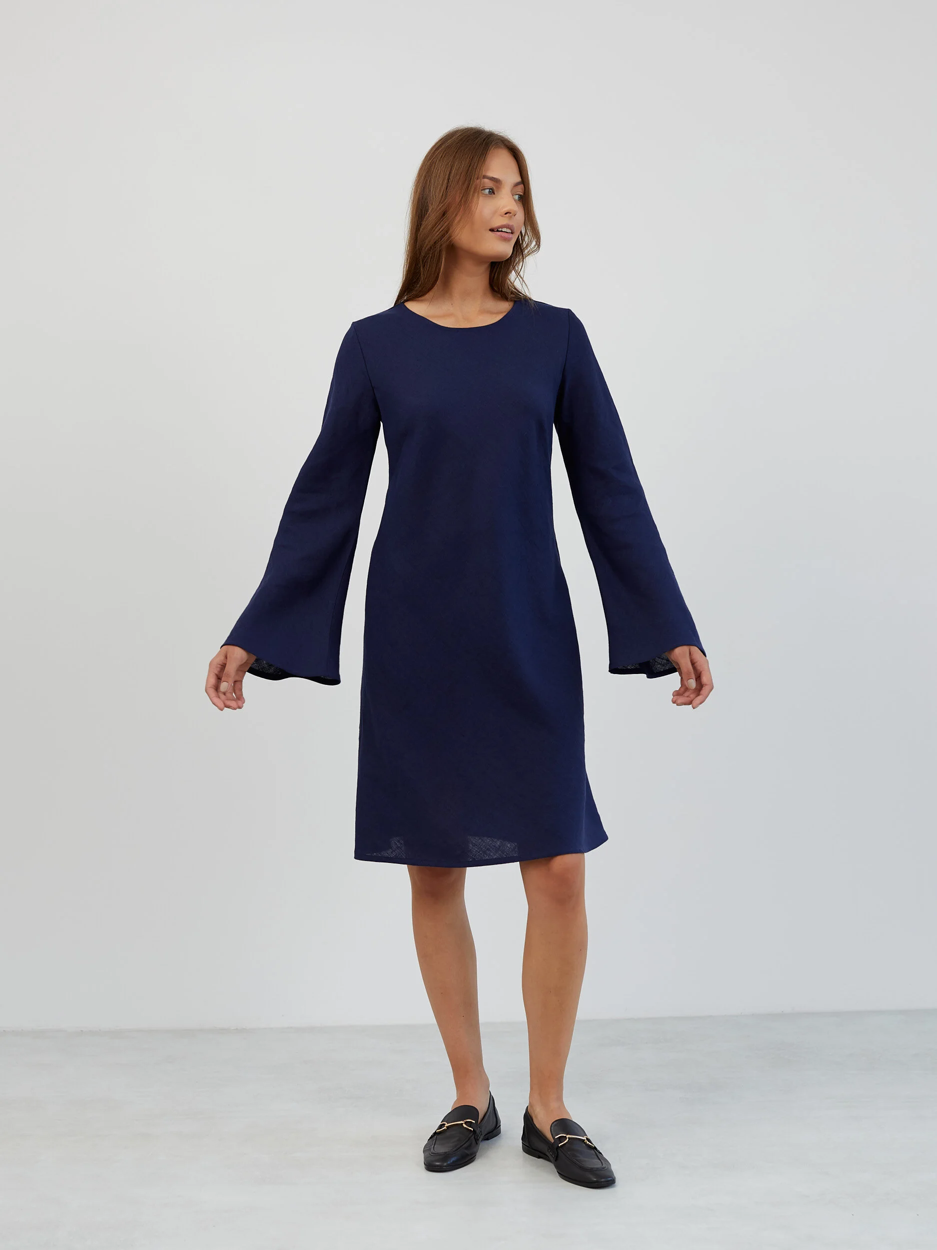 Image 4 of Bell Sleeve Short Linen Dress in Navy Blue LORELEI from Love and Confuse | Handmade Linen Clothing for Women
