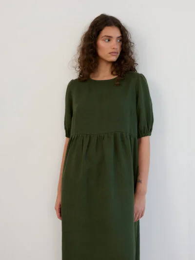 Linen Puff Sleeve Empire Waist Midi Dress ESME