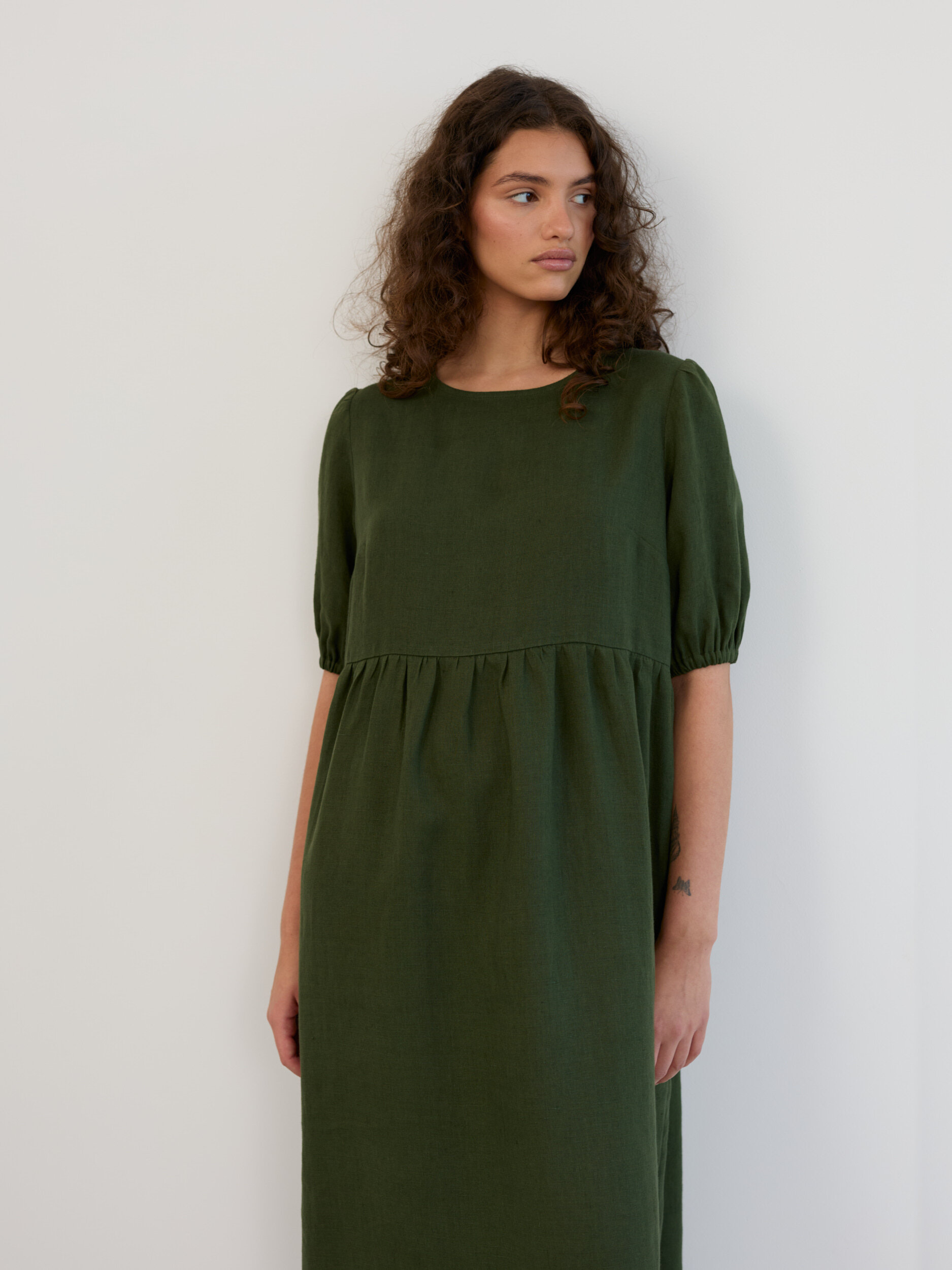 Linen Puff Sleeve Empire Waist Midi Dress ESME - Image 1