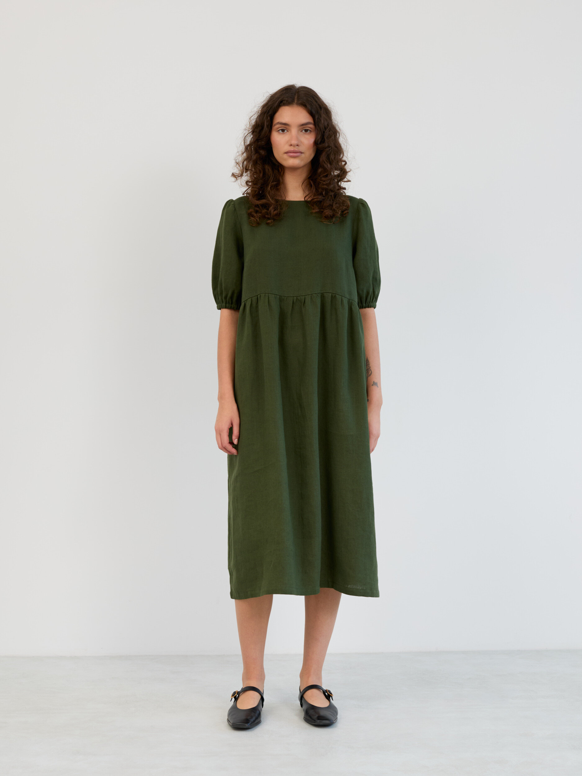 Linen Puff Sleeve Empire Waist Midi Dress ESME - Image 2