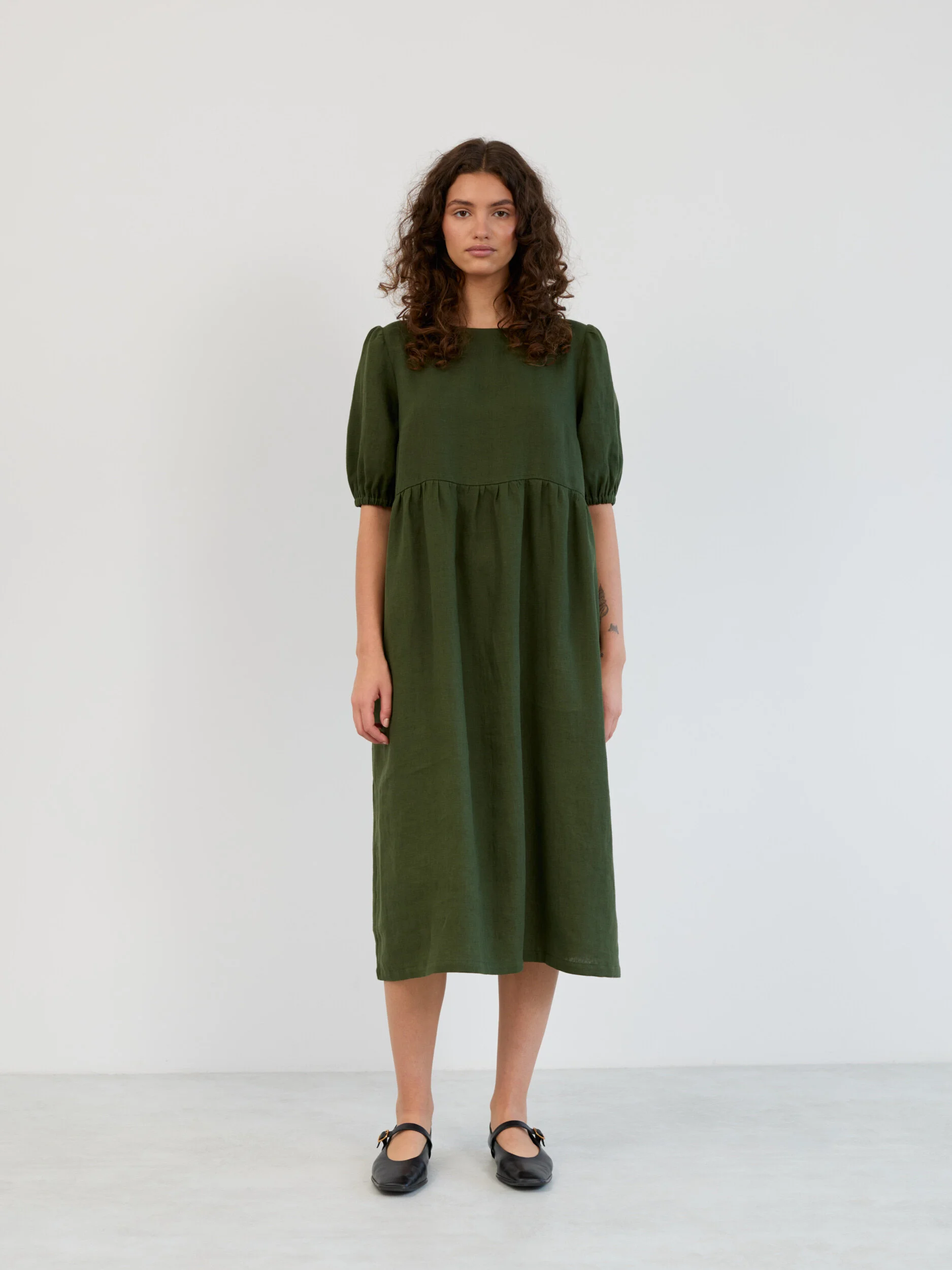 Image 2 of Linen Puff Sleeve Empire Waist Midi Dress in Forest Green ESME from Love and Confuse | Handmade Linen Clothing for Women
