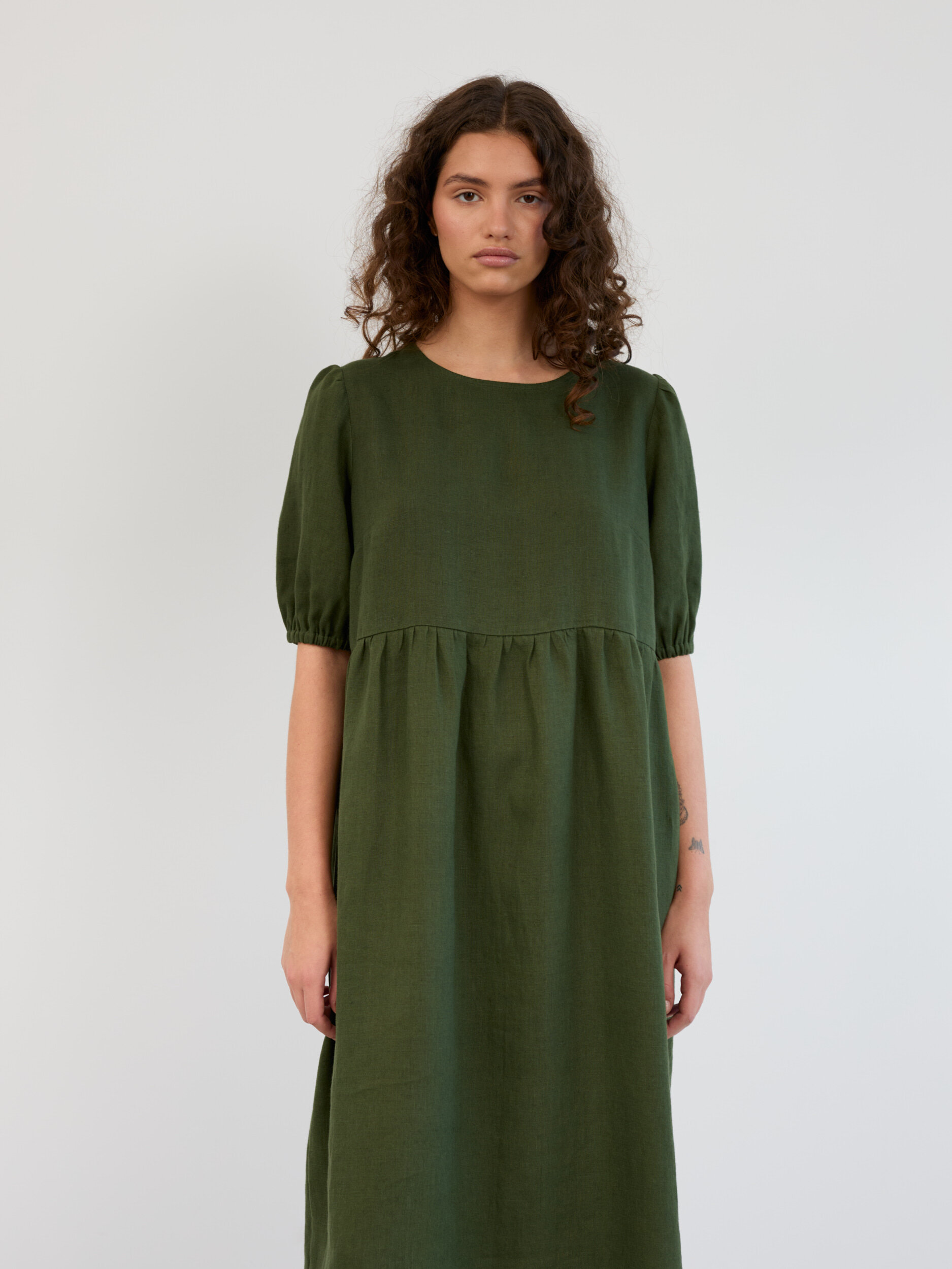 Linen Puff Sleeve Empire Waist Midi Dress ESME - Image 3