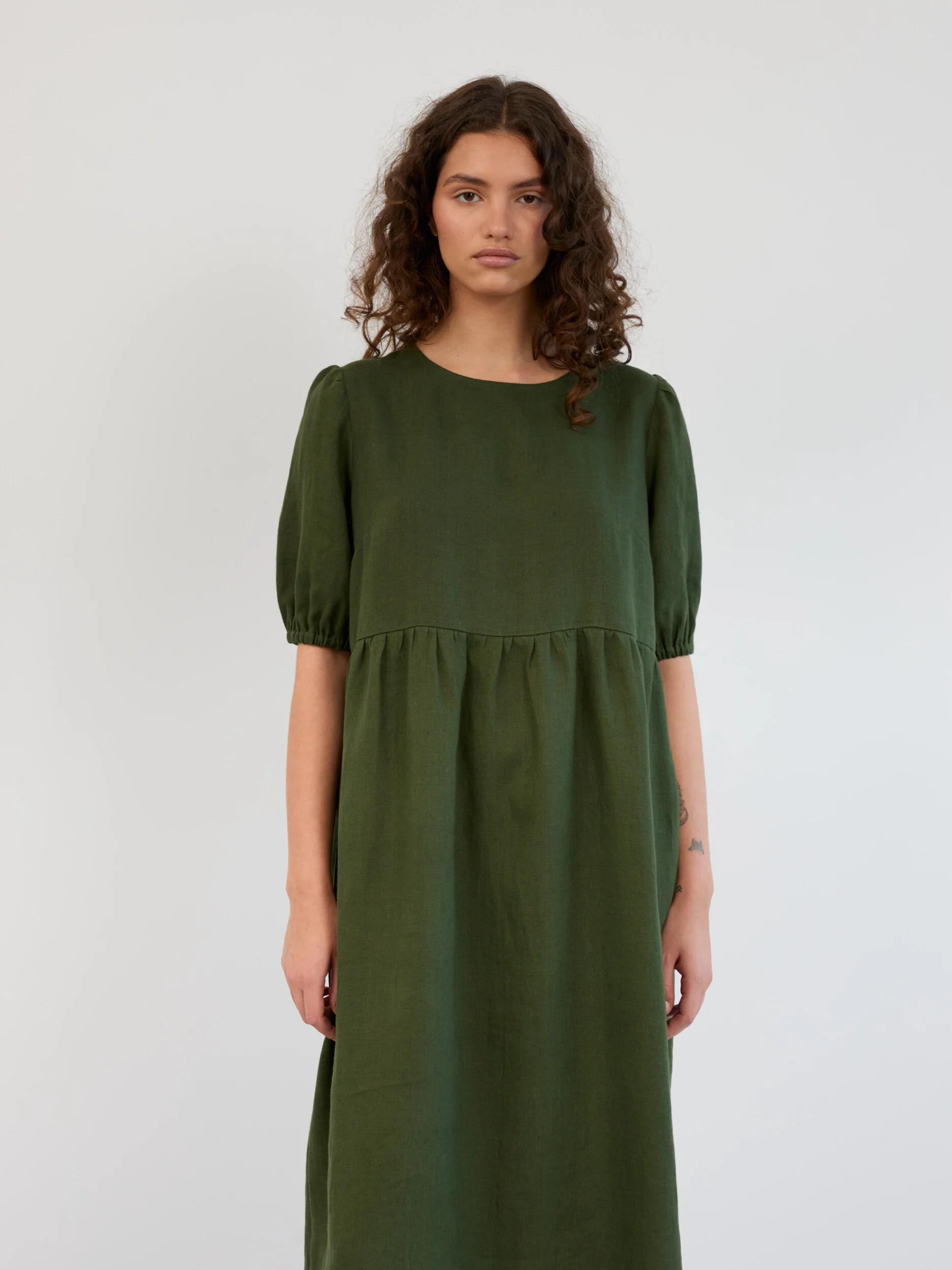 Image 3 of Linen Puff Sleeve Empire Waist Midi Dress in Forest Green ESME from Love and Confuse | Handmade Linen Clothing for Women