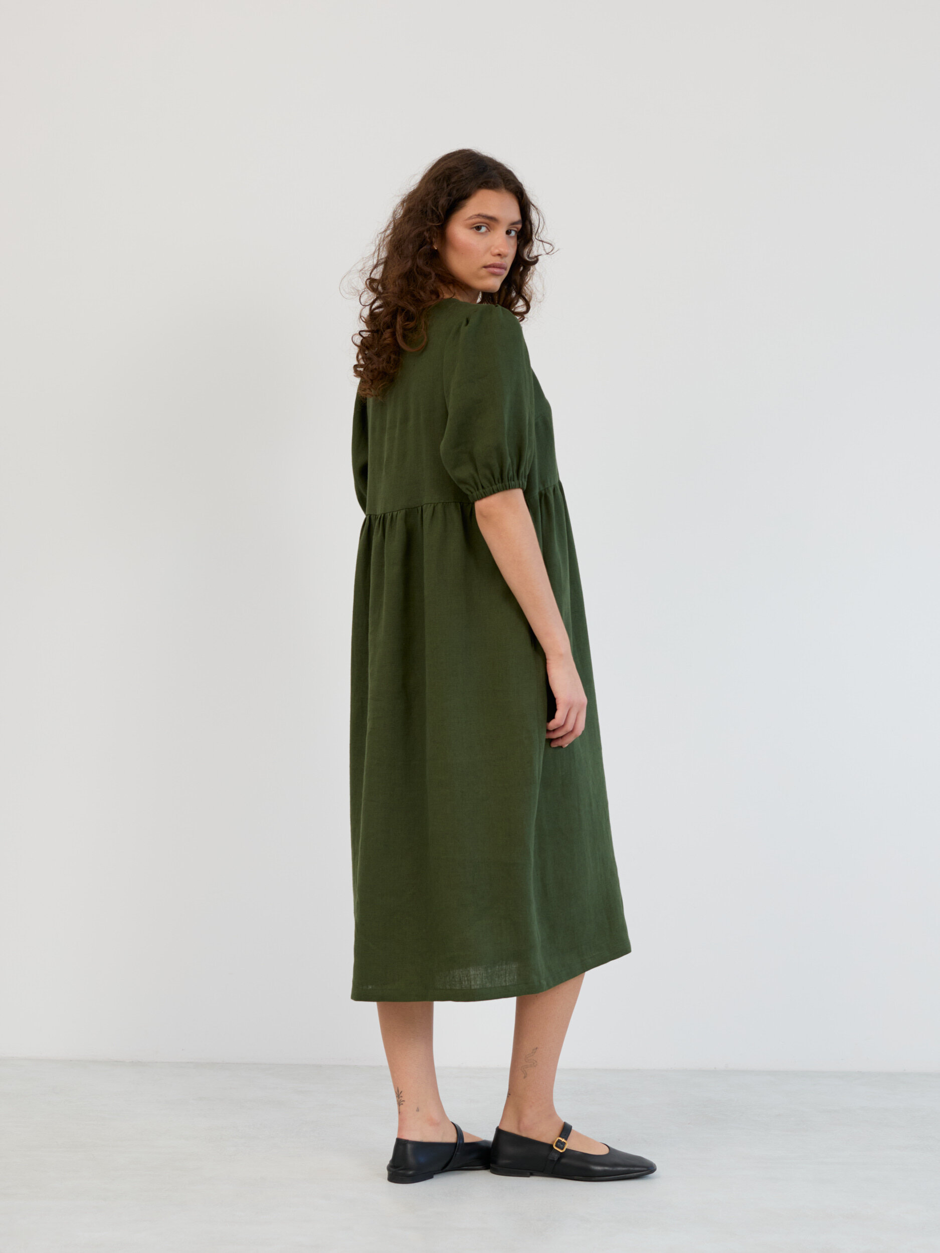 Linen Puff Sleeve Empire Waist Midi Dress ESME - Image 4