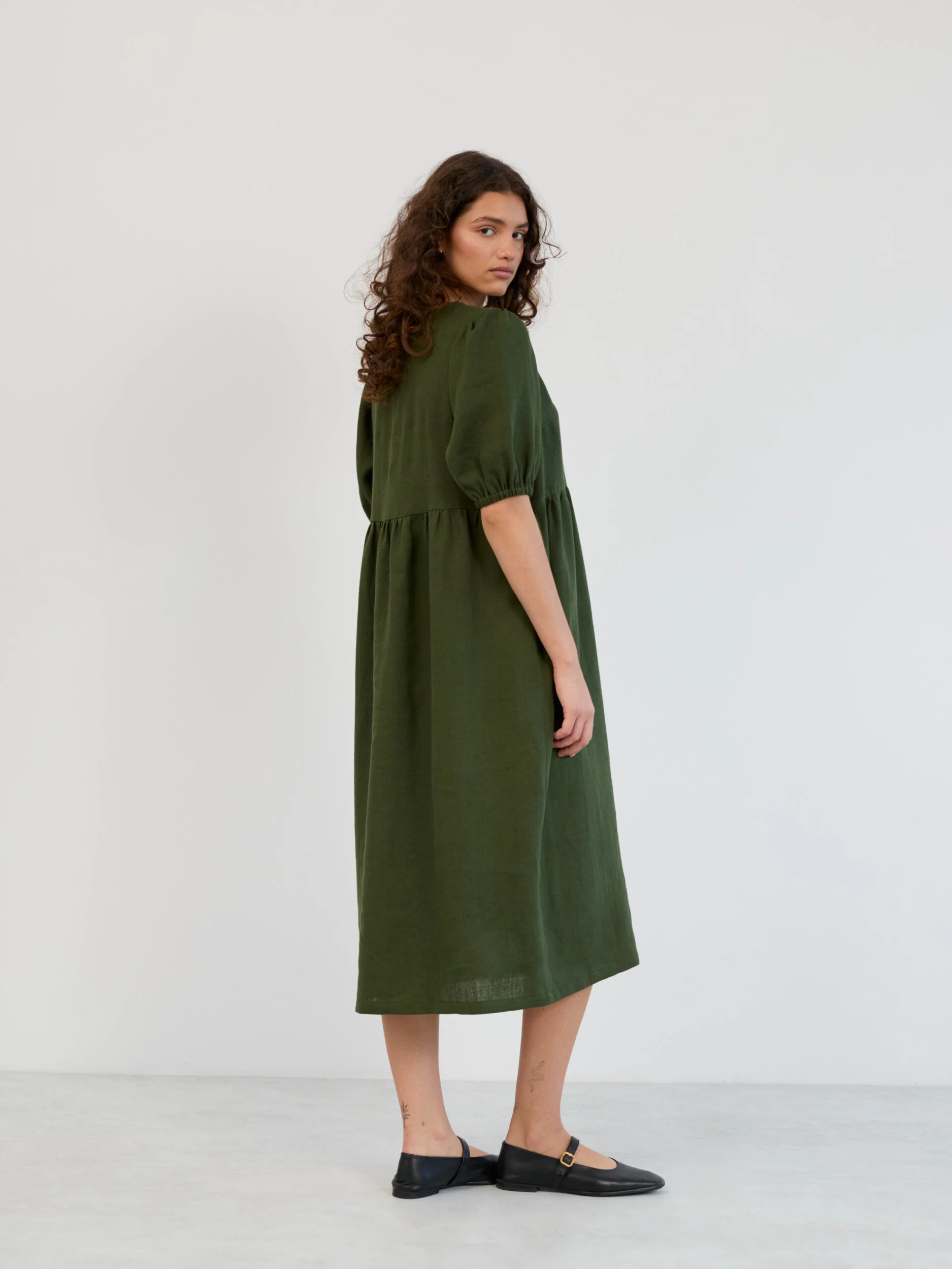 Image 4 of Linen Puff Sleeve Empire Waist Midi Dress in Forest Green ESME from Love and Confuse | Handmade Linen Clothing for Women