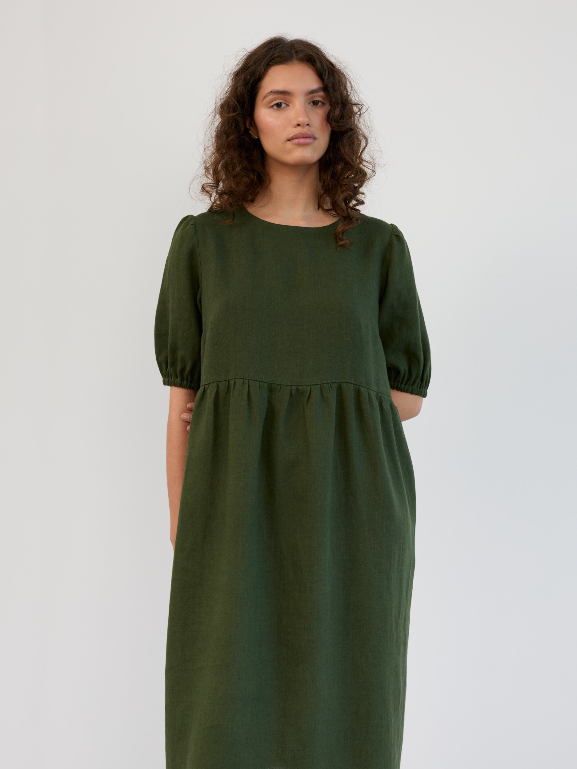 Linen Puff Sleeve Empire Waist Midi Dress ESME - Image 5
