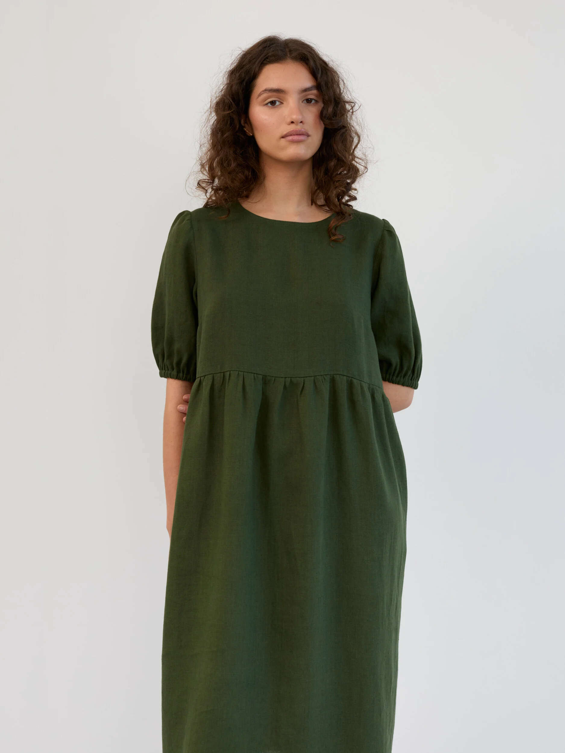 Image 5 of Linen Puff Sleeve Empire Waist Midi Dress in Forest Green ESME from Love and Confuse | Handmade Linen Clothing for Women